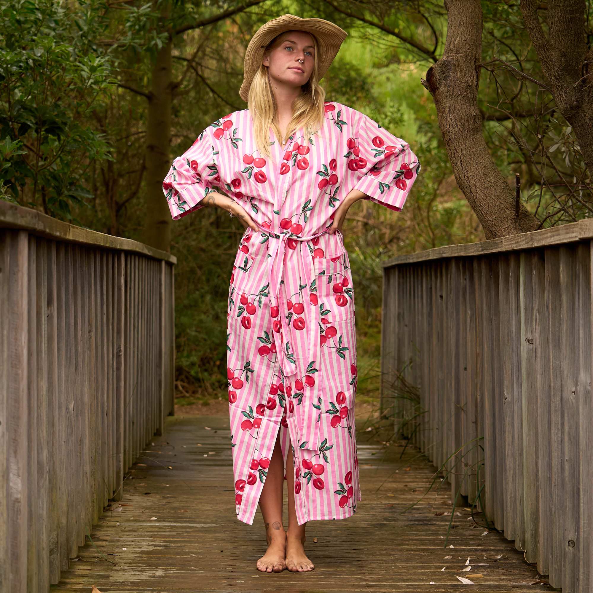 Women's Cotton Kimono Robe – Pink Cherry Print Cover-Up