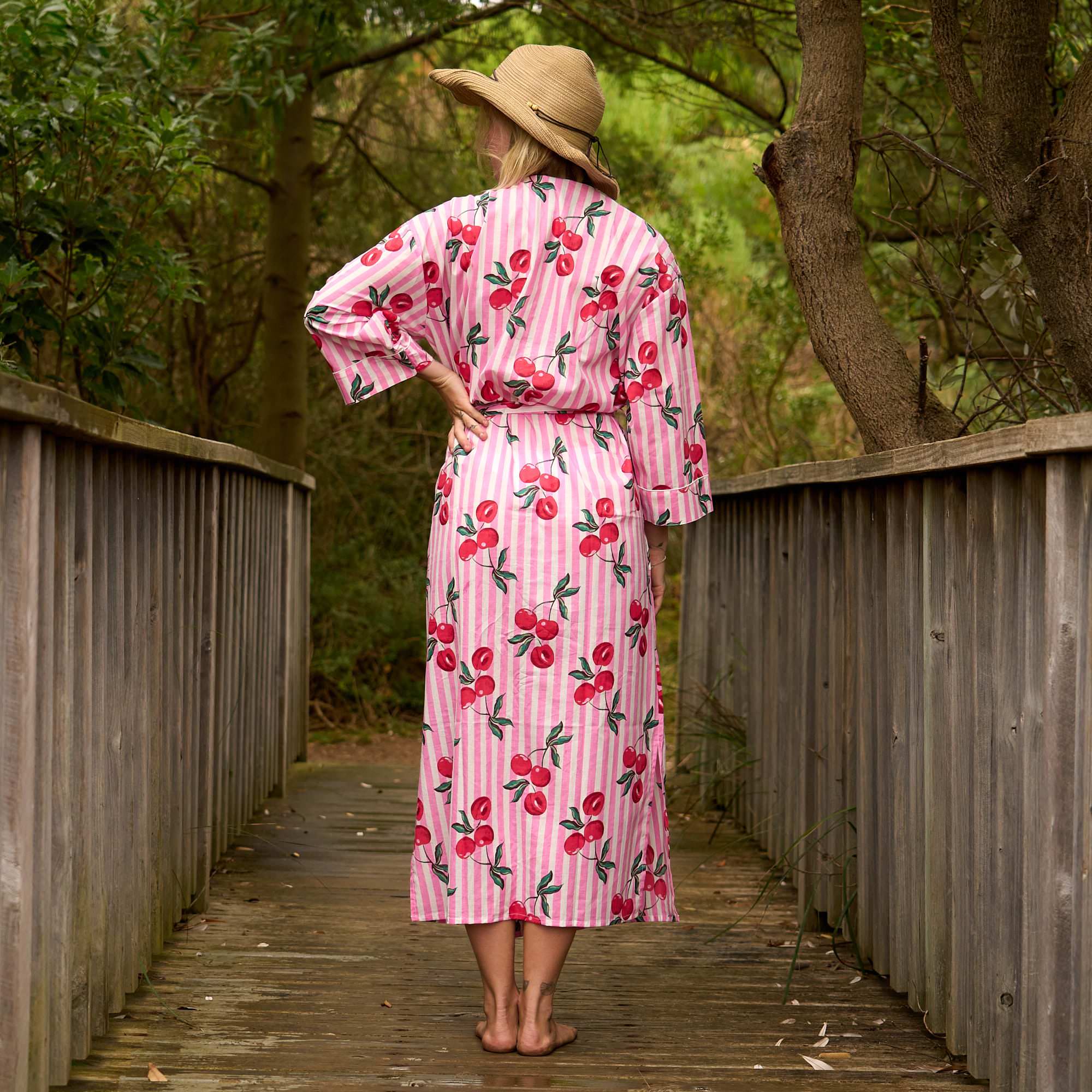 Women's Cotton Kimono Robe – Pink Cherry Print Cover-Up