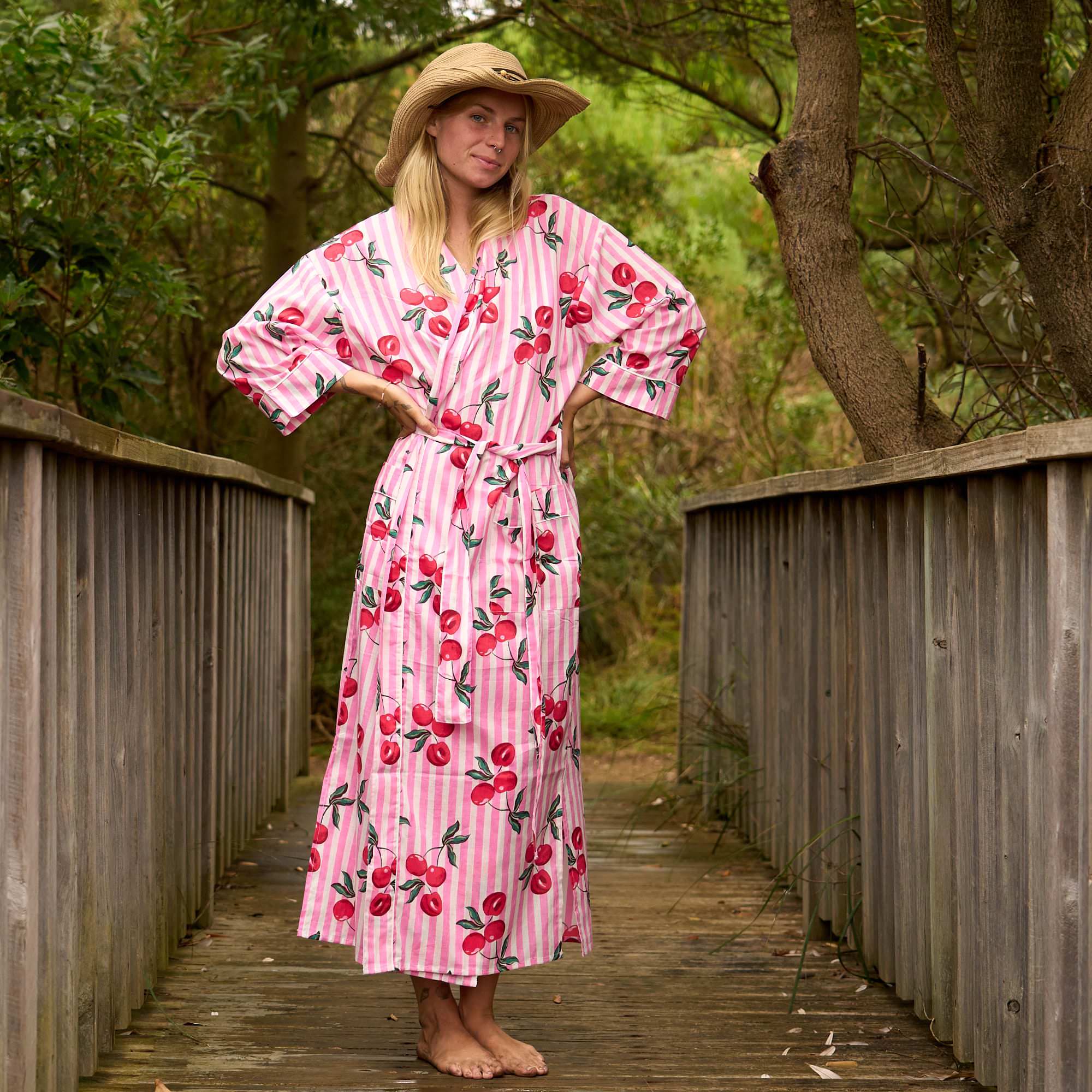 Women's Cotton Kimono Robe – Pink Cherry Print Cover-Up