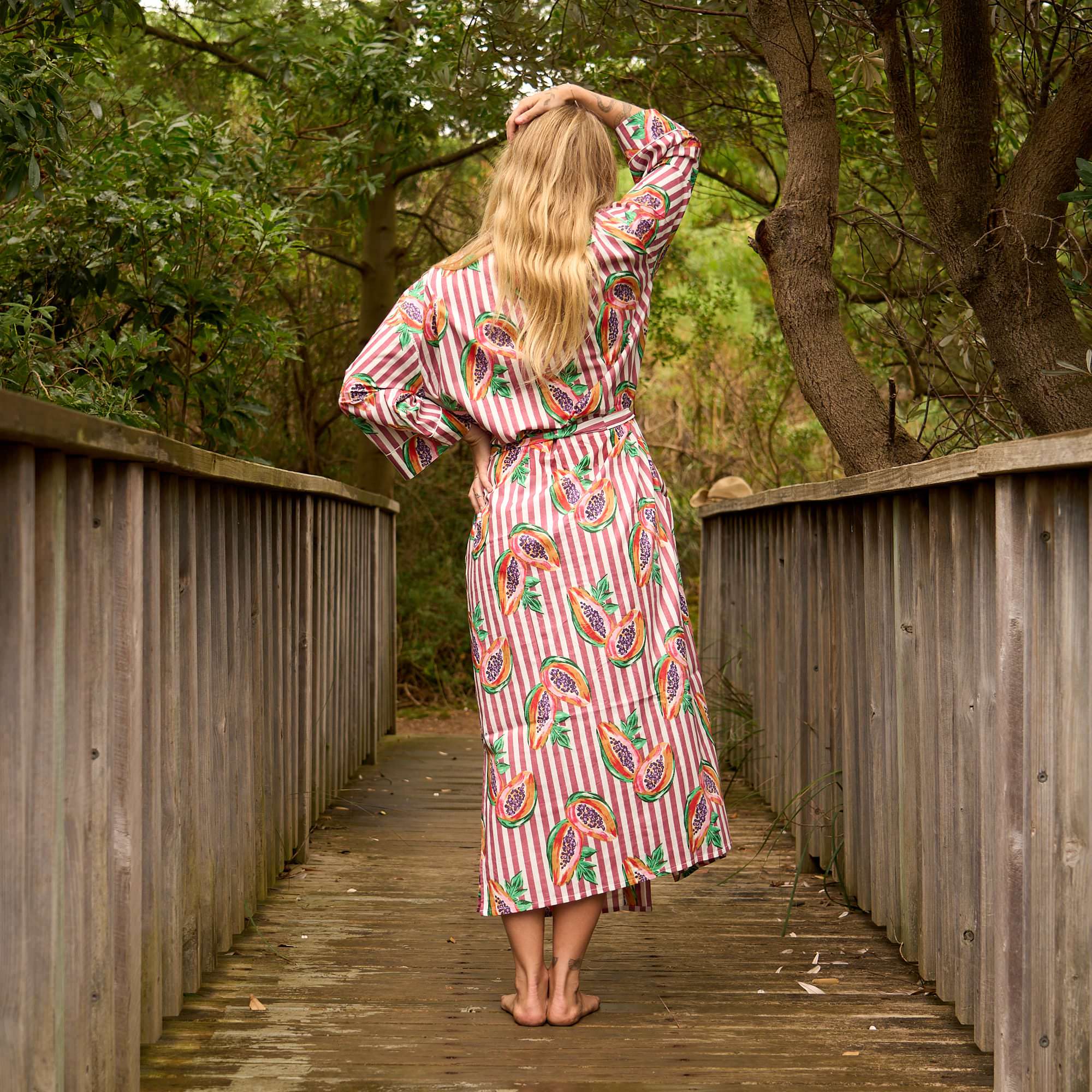 Papaya Pink Stripe Boho Soft Cotton Kimono Robe