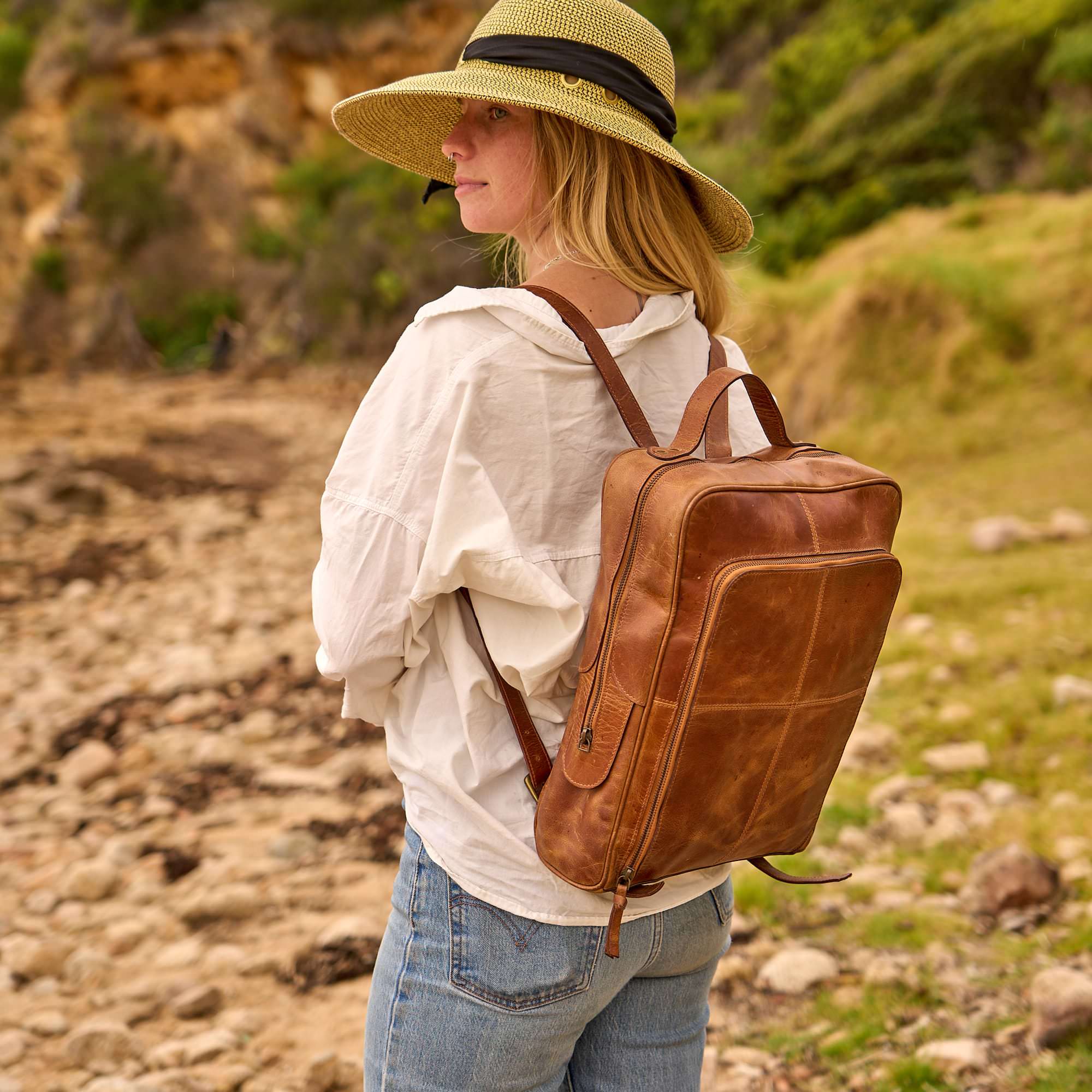 Luxe Tan Leather Backpack - Travel & Work