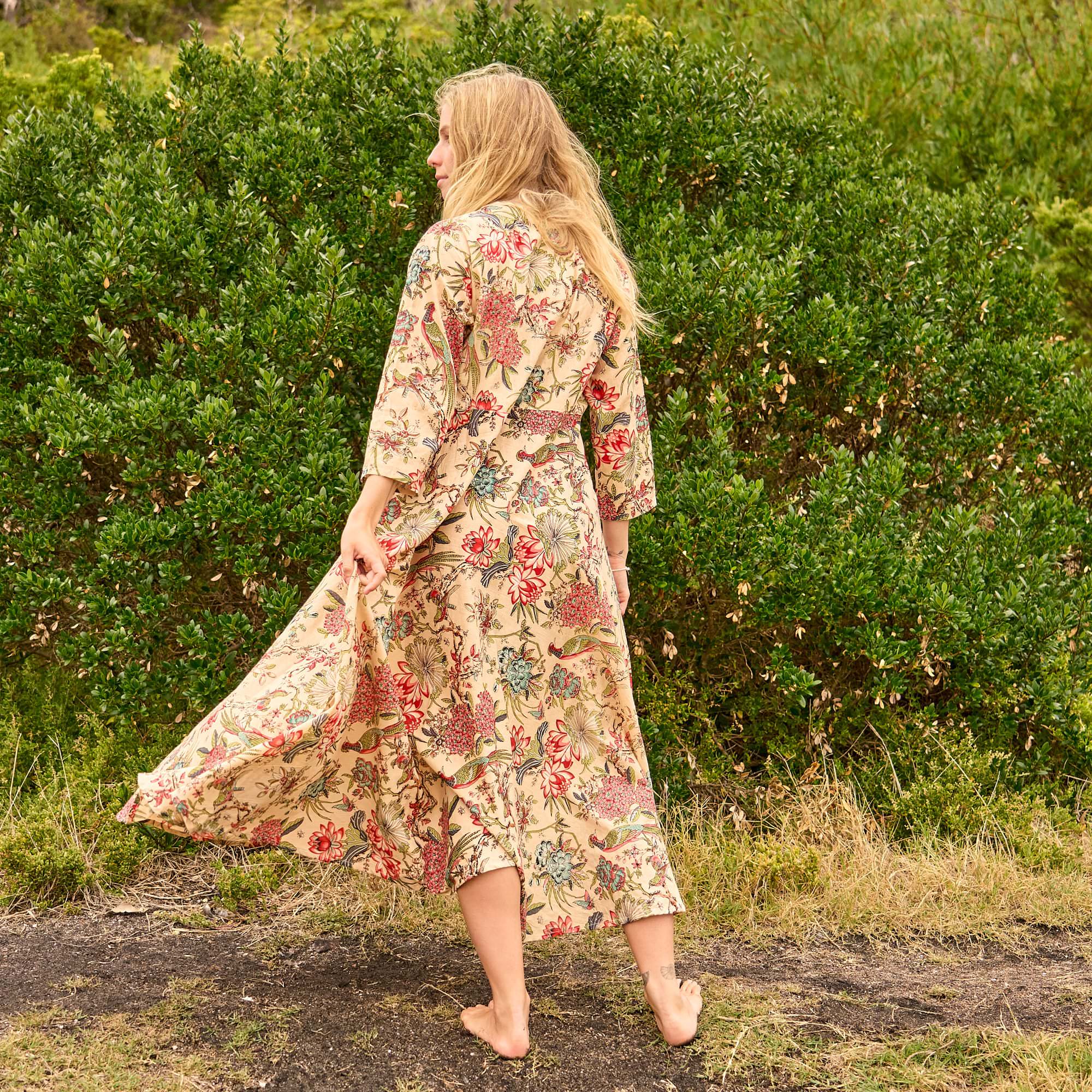 Beige Botanicals Maxi Dress - Light Floral Cotton Boho Dress