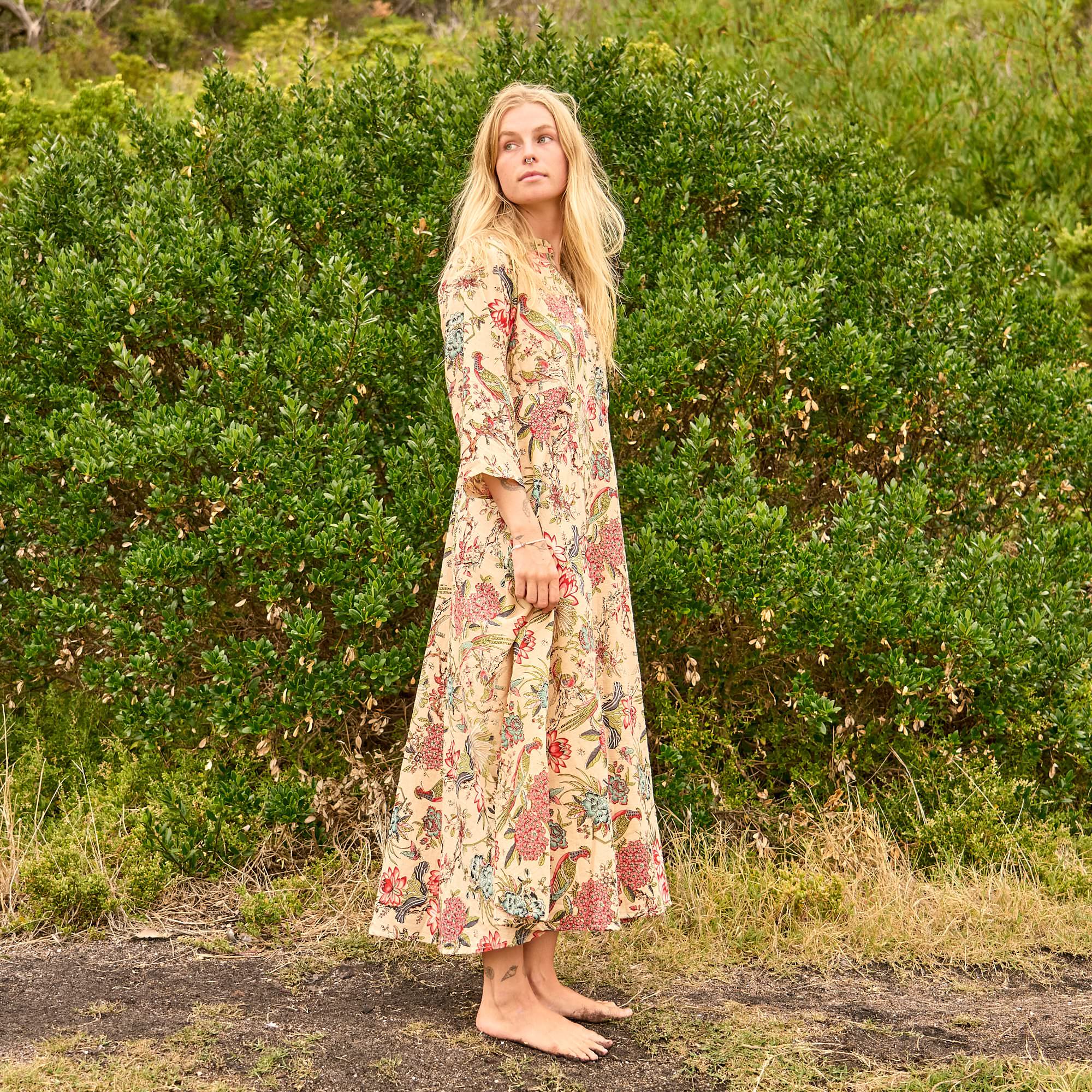 Beige Botanicals Maxi Dress - Light Floral Cotton Boho Dress