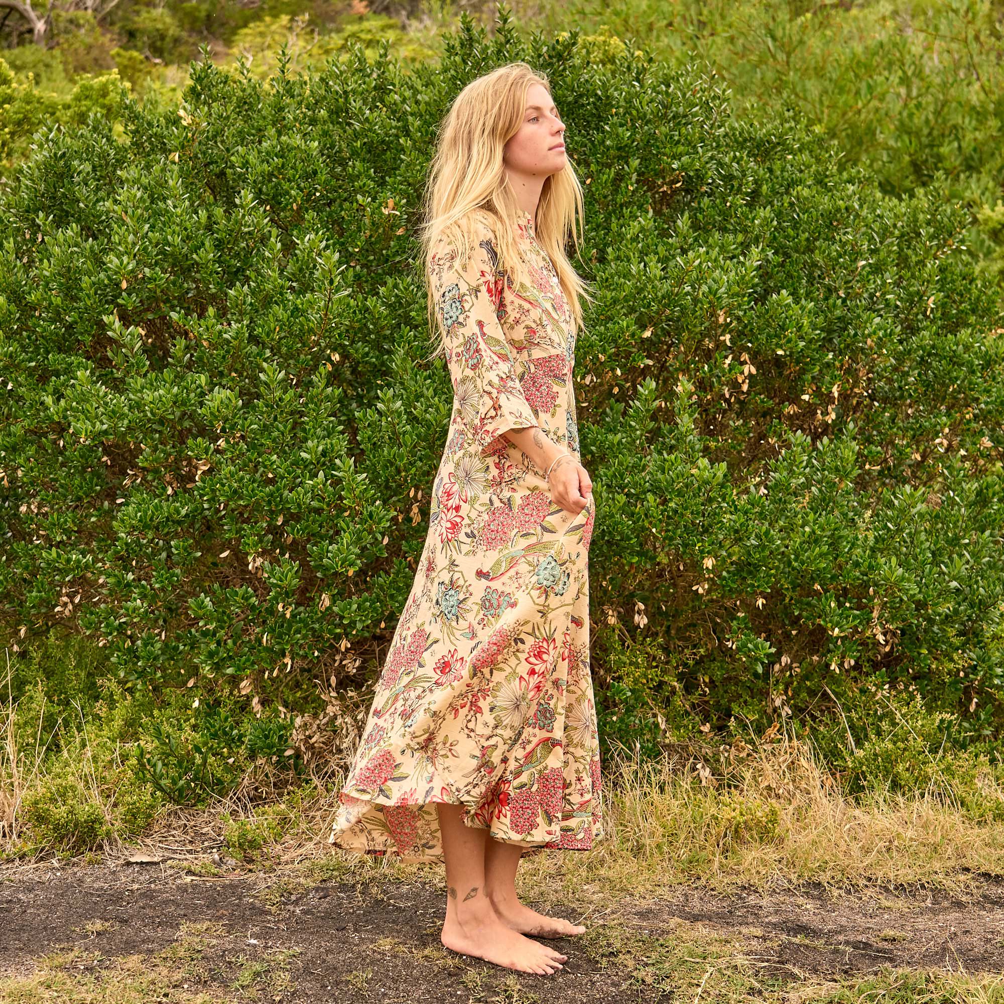 Beige Botanicals Maxi Dress - Light Floral Cotton Boho Dress
