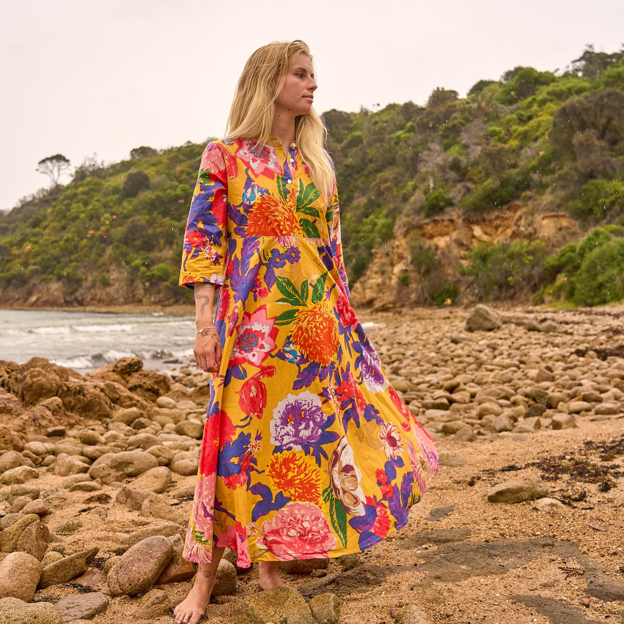 Sunset Florals Maxi Dress - Bold Sunset Print Cotton Dress