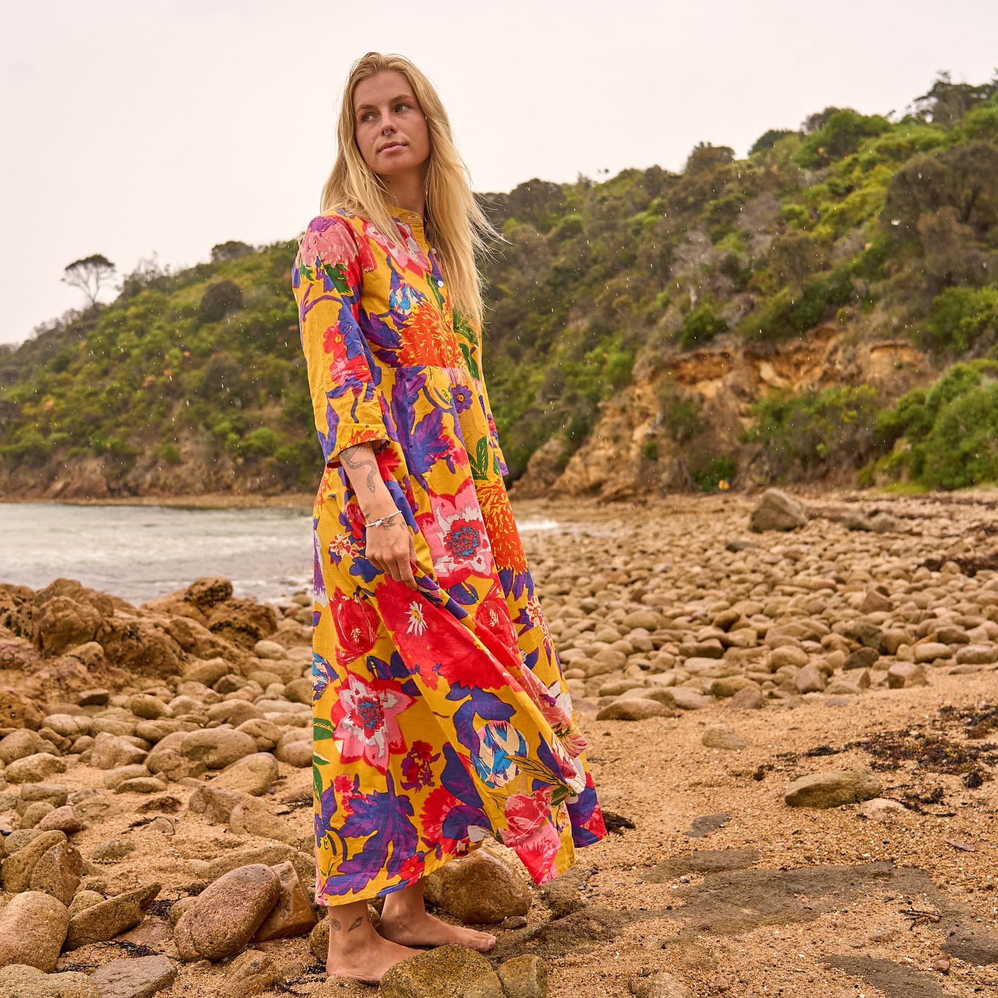 Sunset Florals Maxi Dress - Bold Sunset Print Cotton Dress