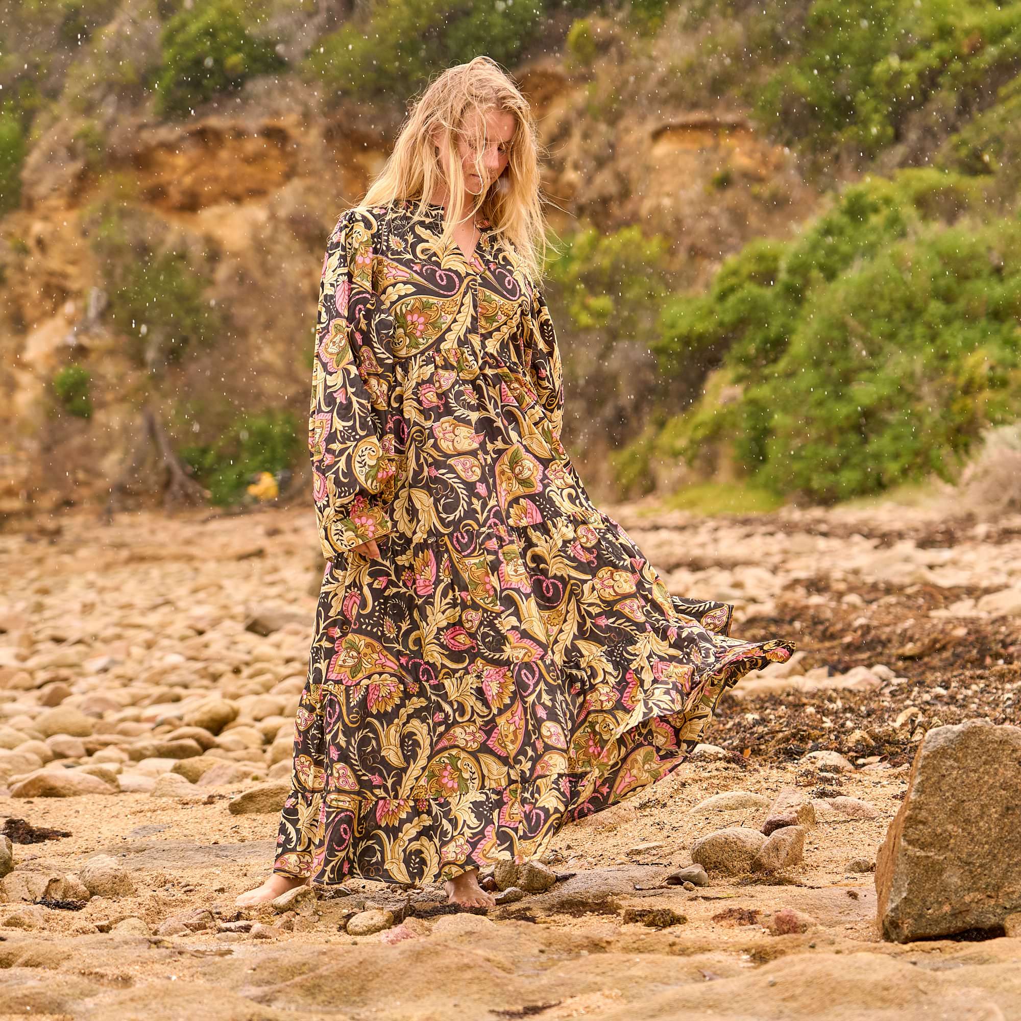 Woodland Bloom Maxi Dress - Earthy Nature-Inspired Cotton