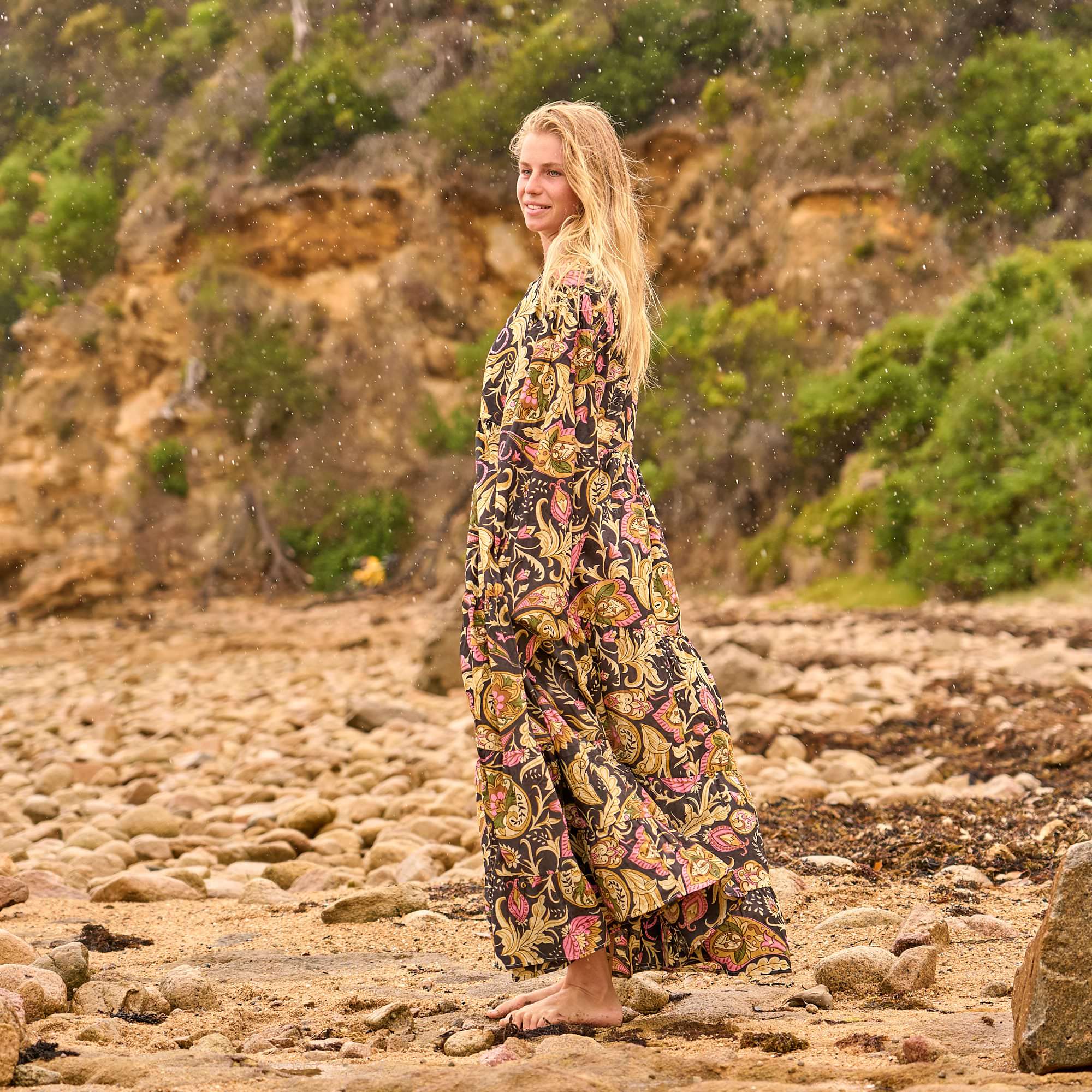 Woodland Bloom Maxi Dress - Earthy Nature-Inspired Cotton