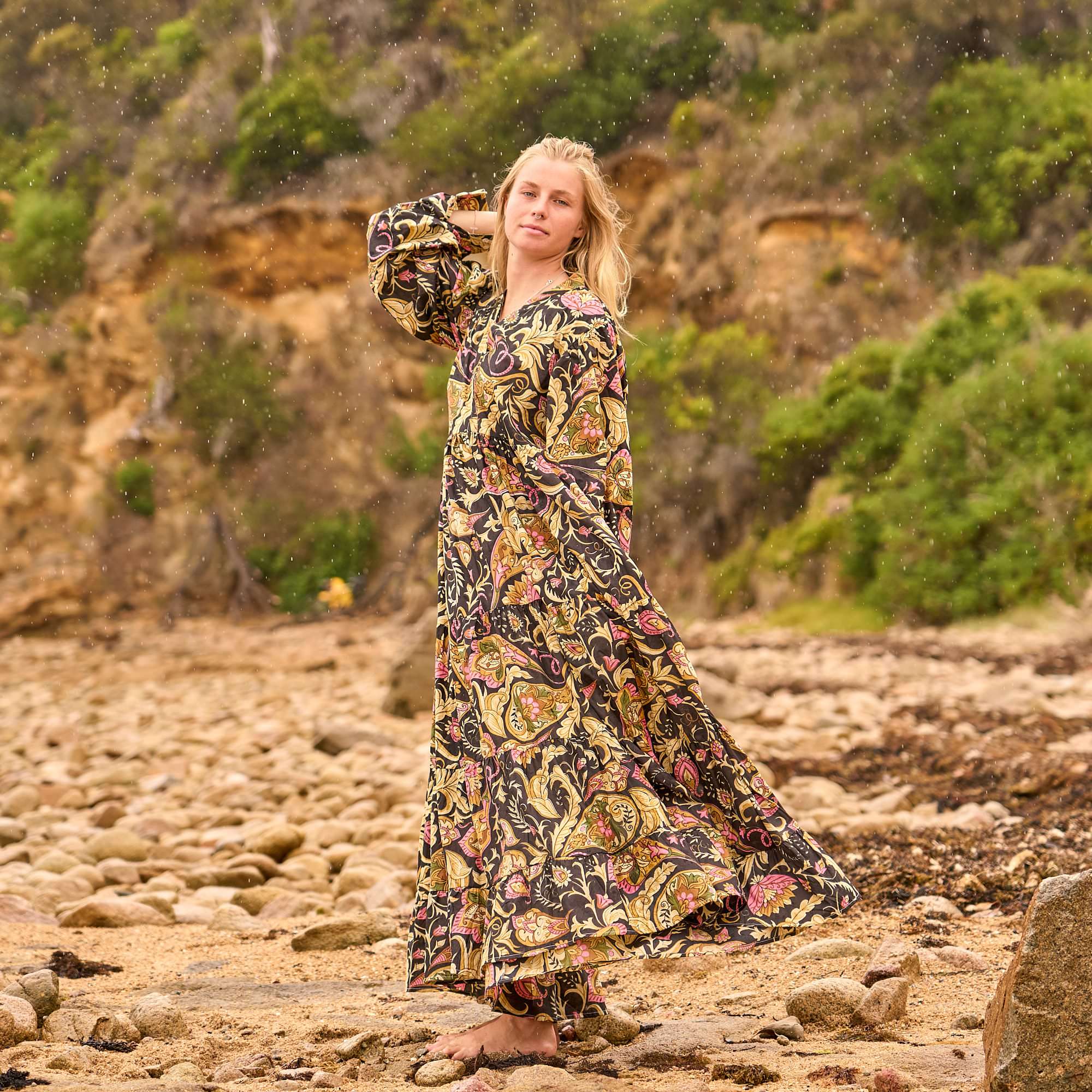 Woodland Bloom Maxi Dress - Earthy Nature-Inspired Cotton