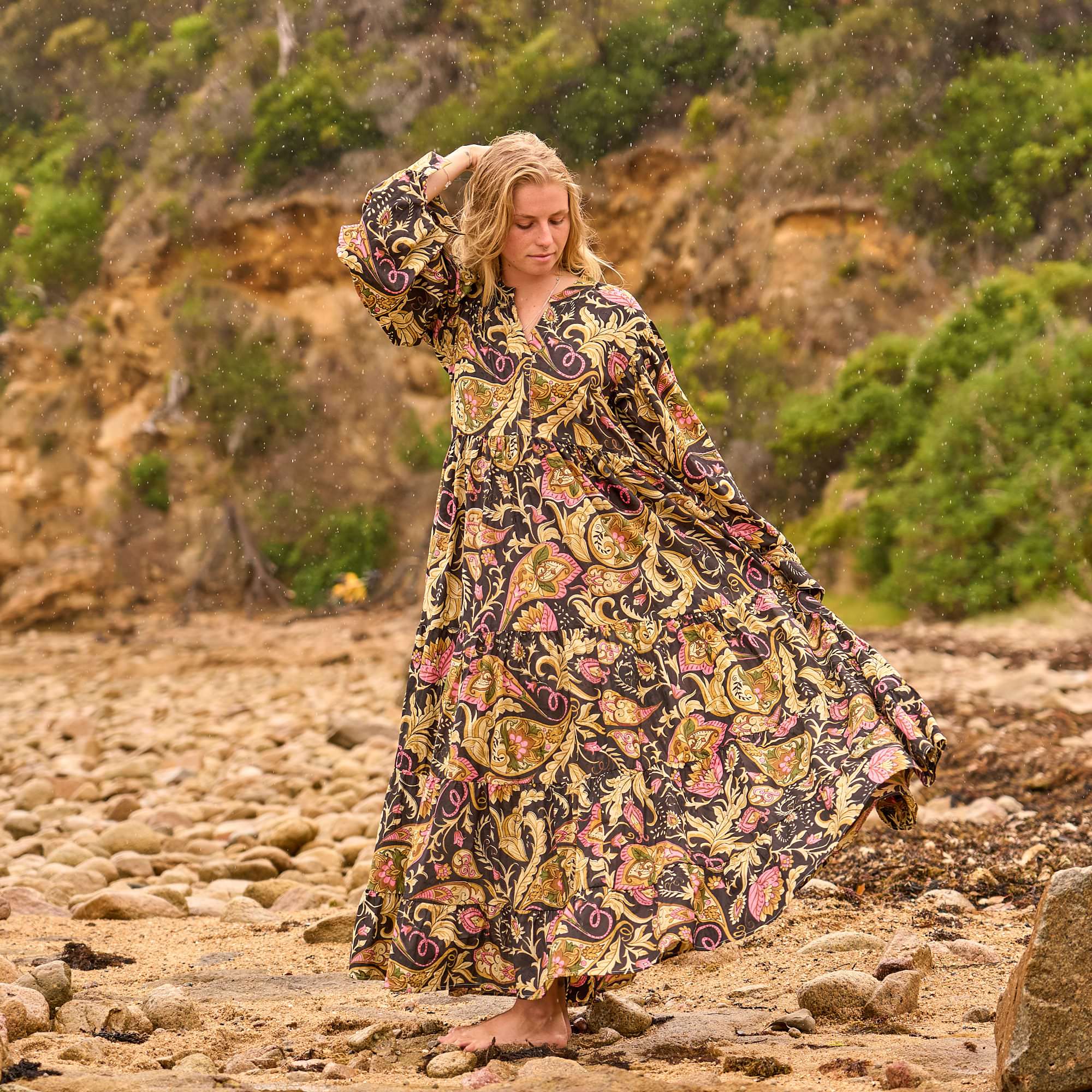 Woodland Bloom Maxi Dress - Earthy Nature-Inspired Cotton