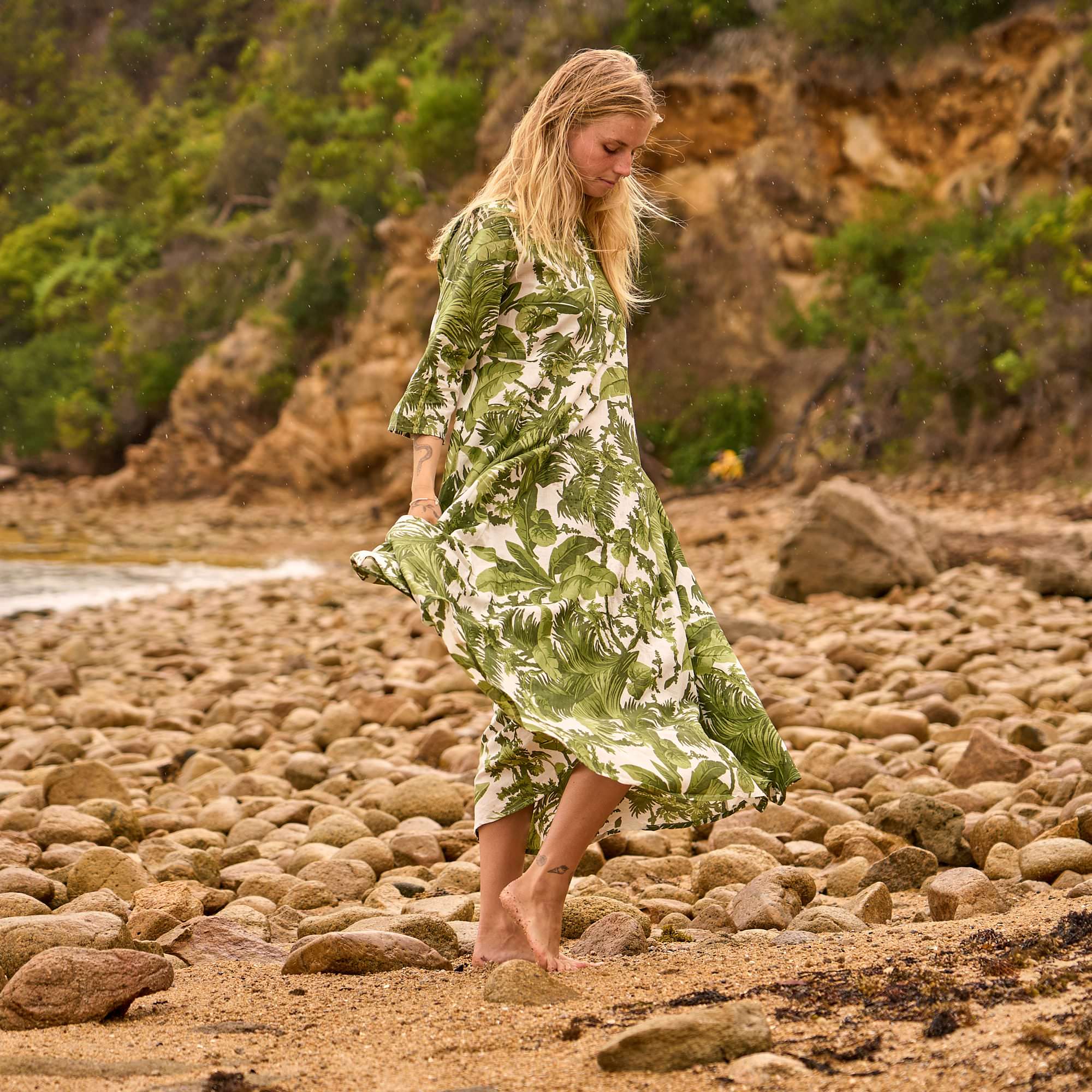 Palm Reverie Cotton Dress - Tropical Green Leafy Maxi Dress