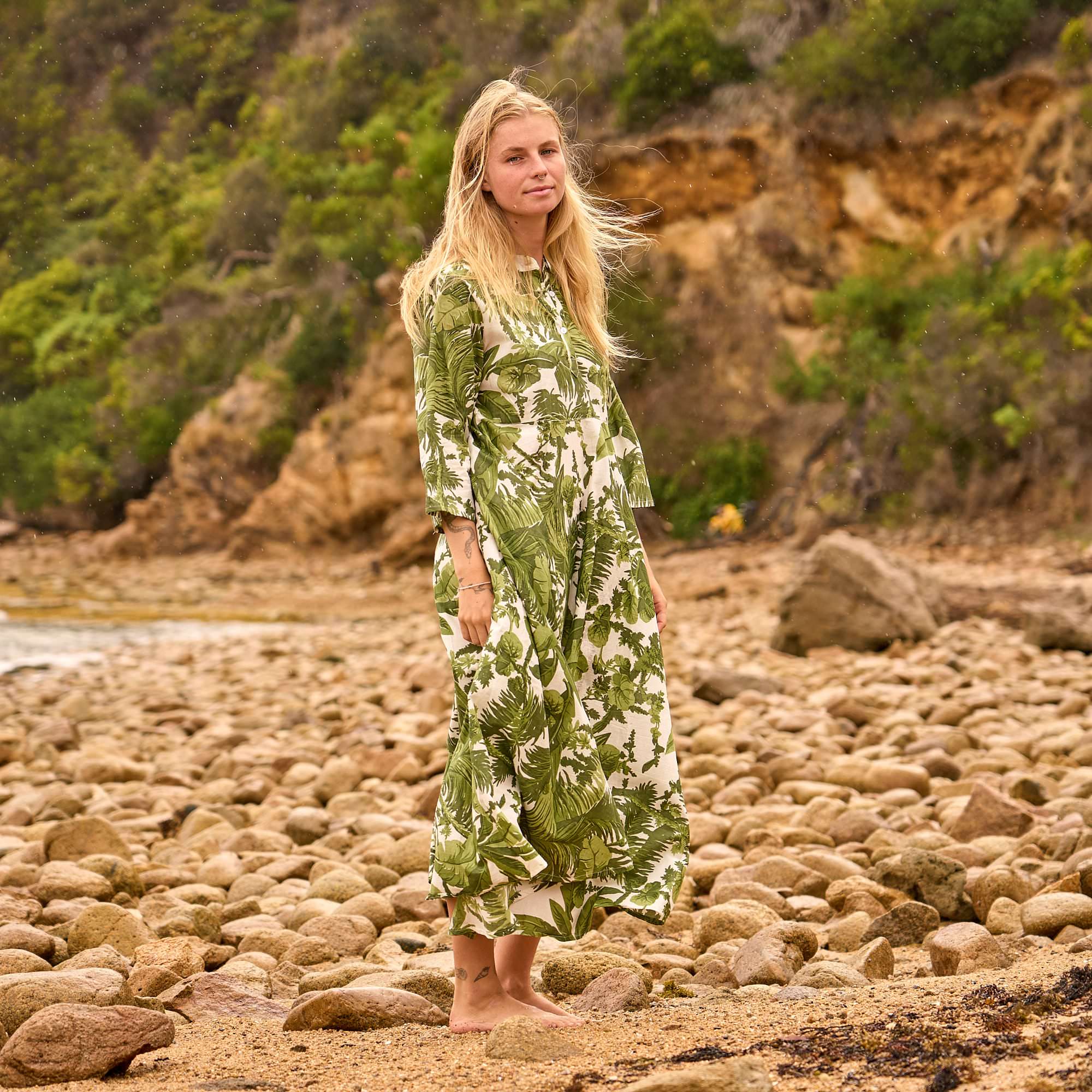 Palm Reverie Cotton Dress - Tropical Green Leafy Maxi Dress
