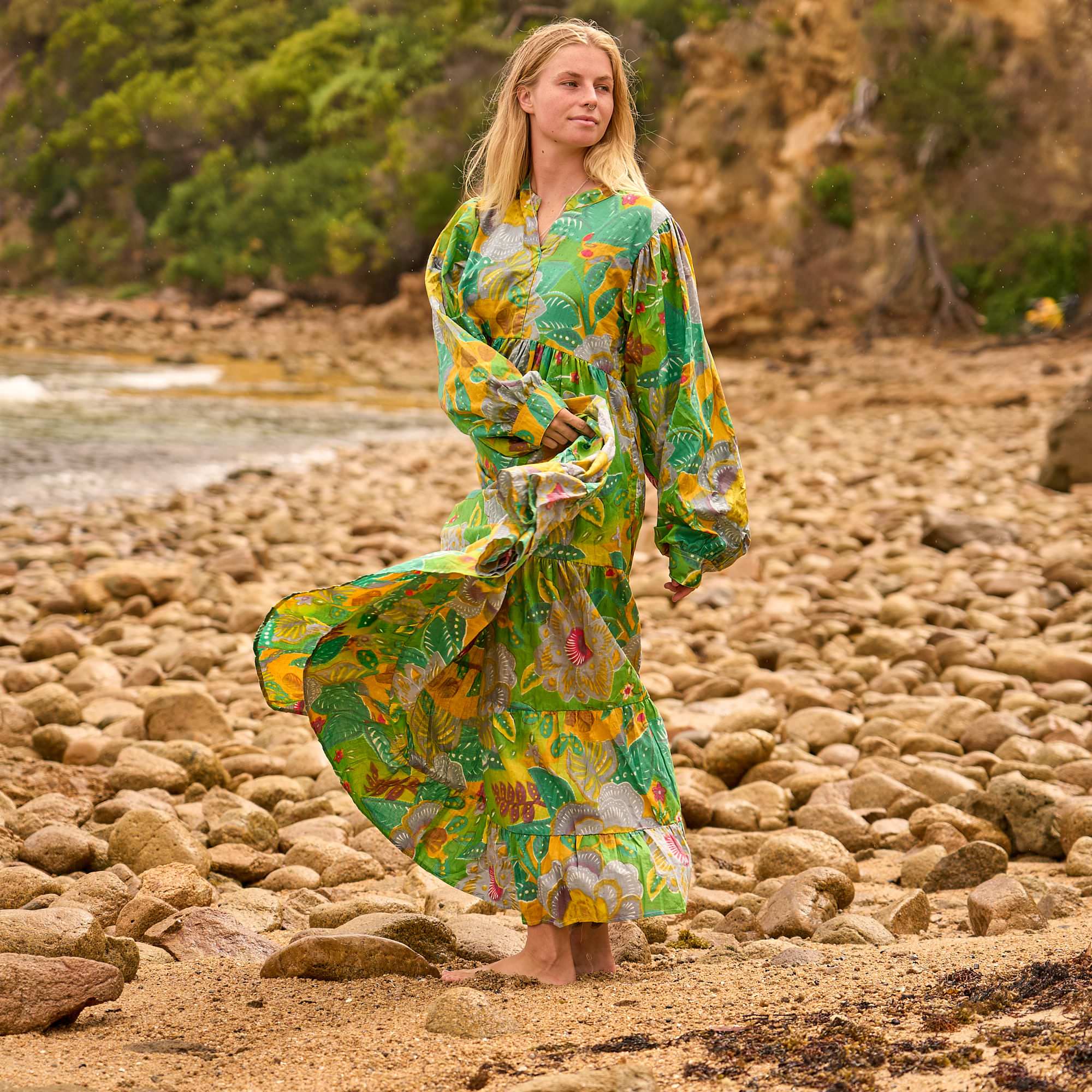Jungle Song Maxi Dress - Tropical Green and Gold Cotton