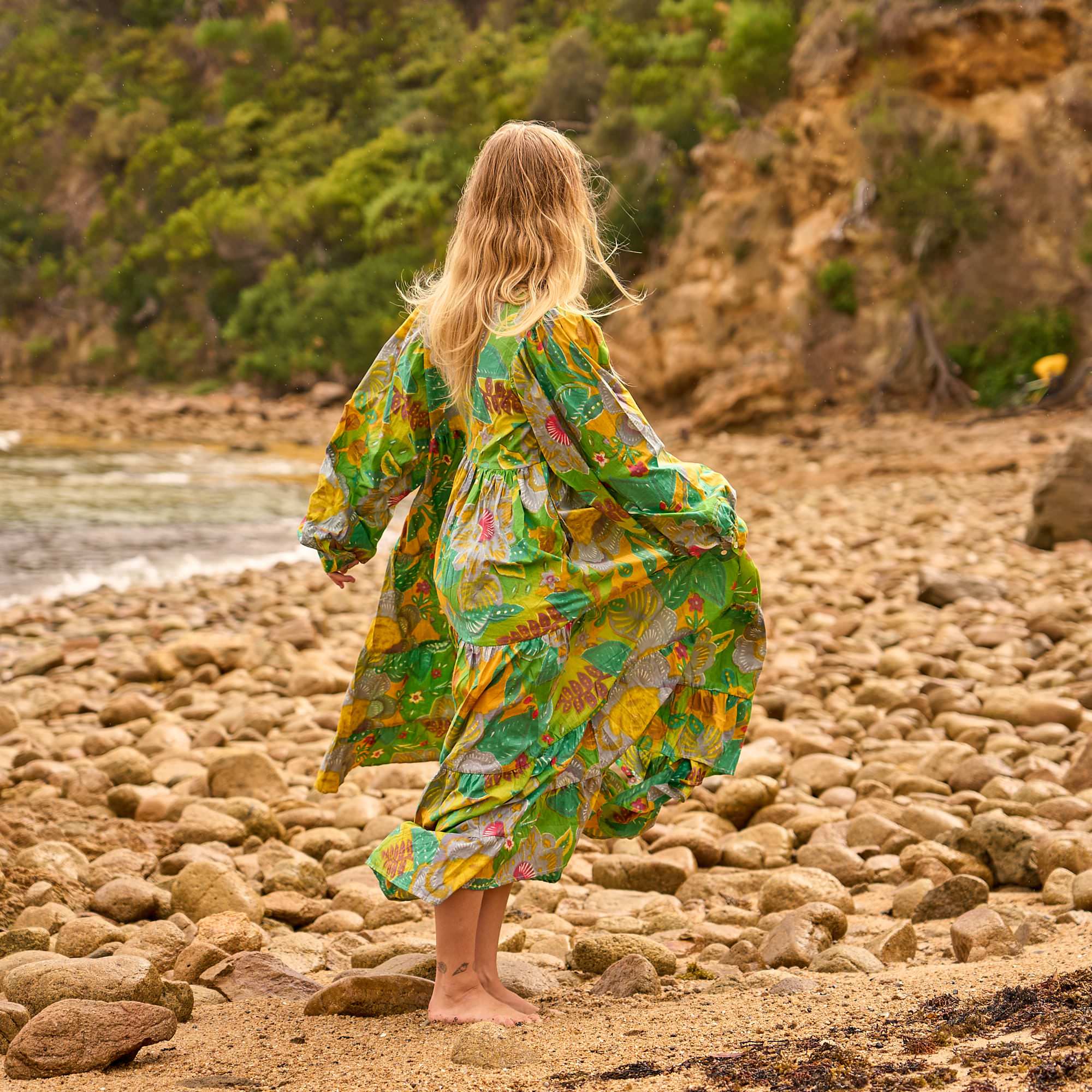 Jungle Song Maxi Dress - Tropical Green and Gold Cotton