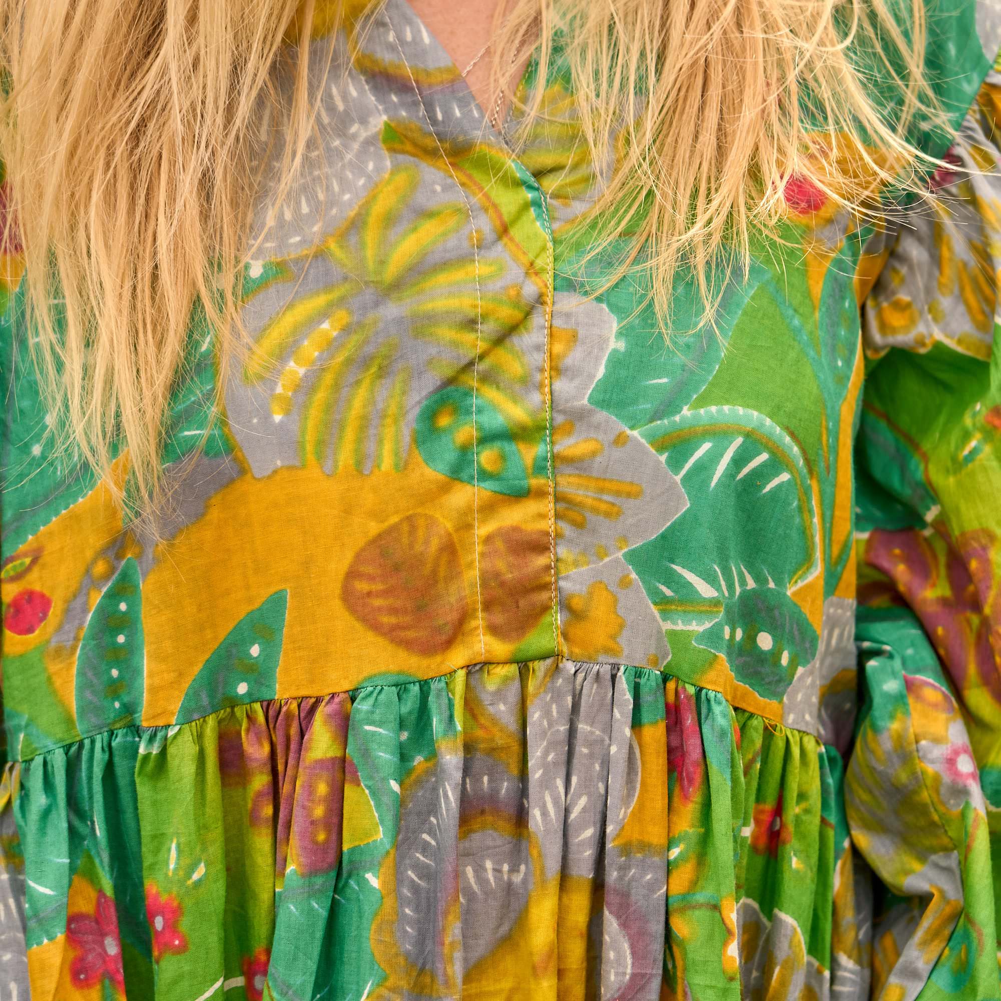 Jungle Song Maxi Dress - Tropical Green and Gold Cotton