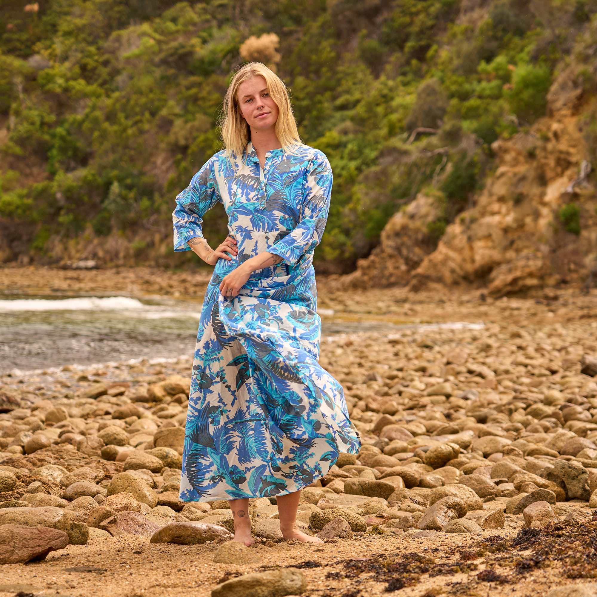 Azure Palms Maxi Dress - Ocean Breeze Print Cotton Dress