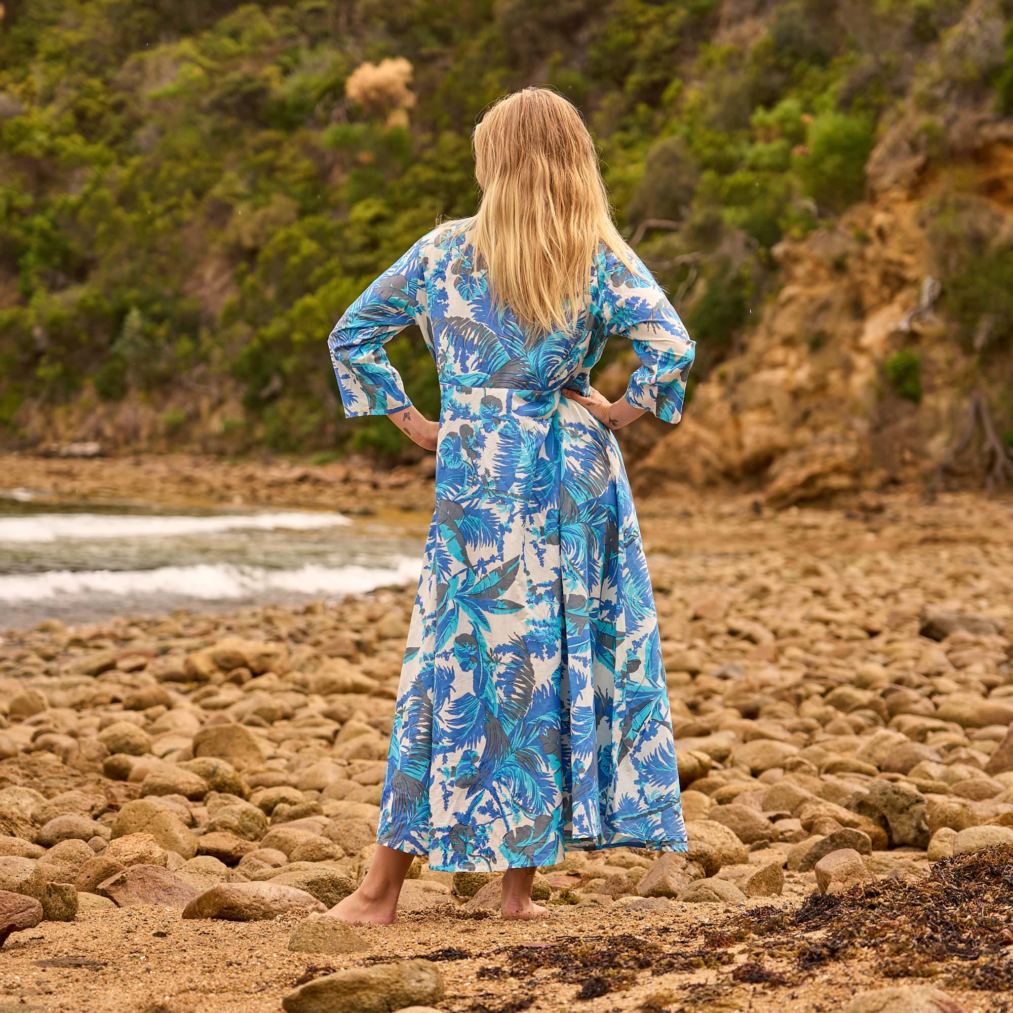 Azure Palms Maxi Dress - Ocean Breeze Print Cotton Dress