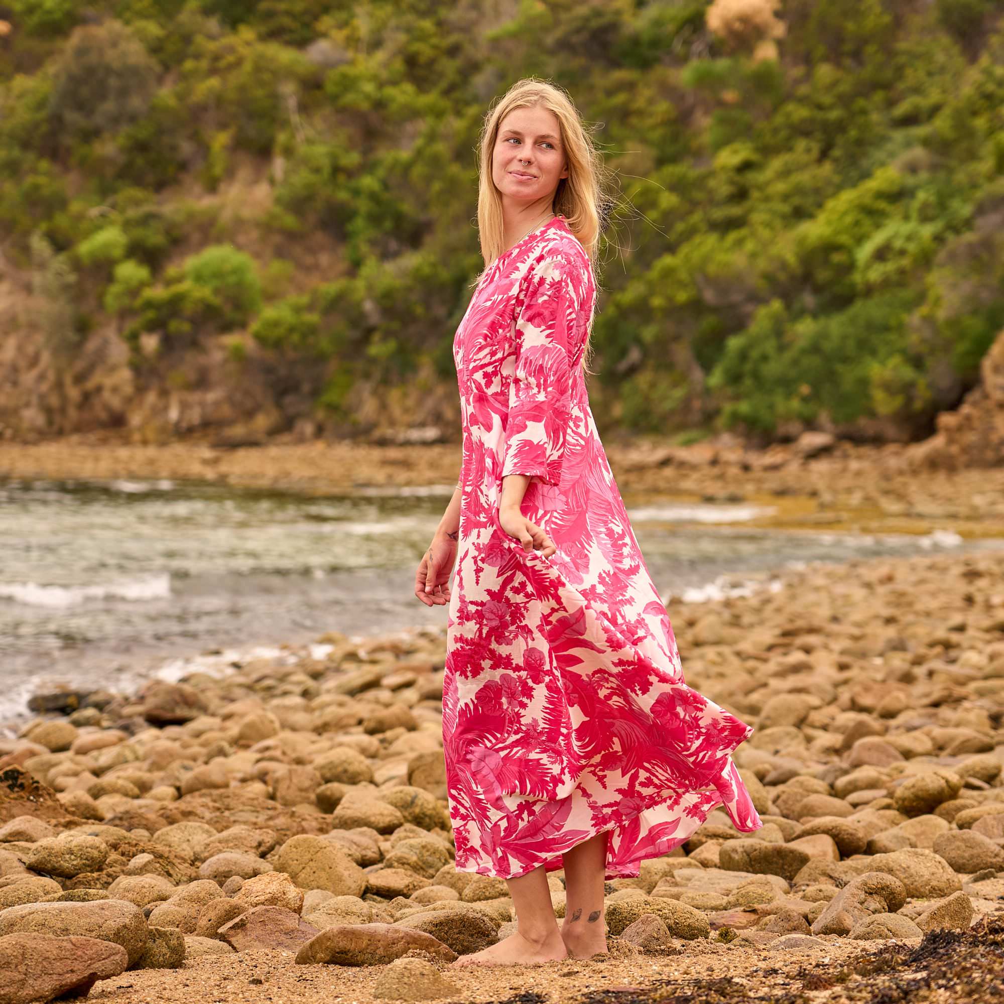 Tropical Blush Maxi Dress - Coral Pink Boho Cotton Sundress