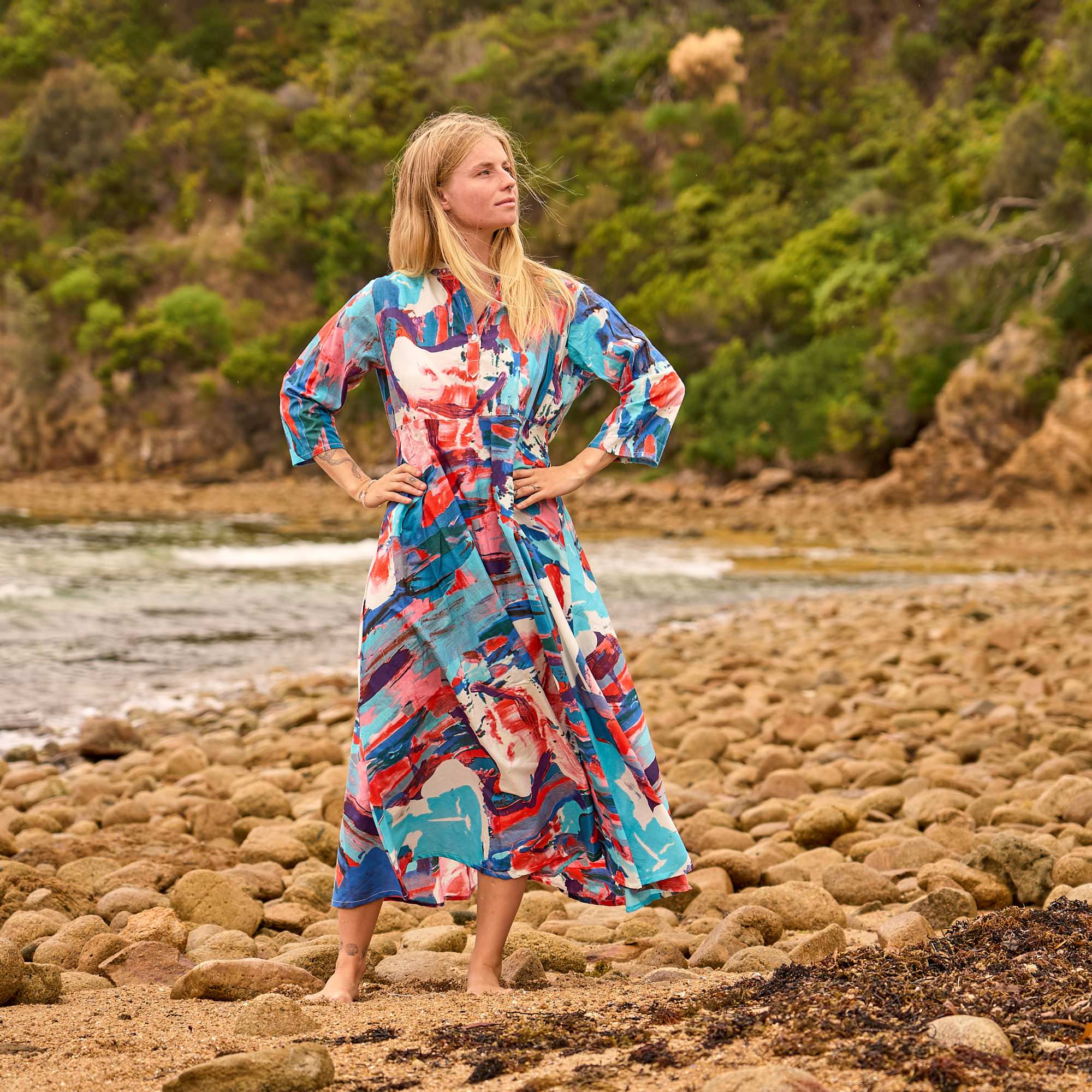 Coastal Canvas Maxi Dress - Abstract Art Cotton Summer Dress