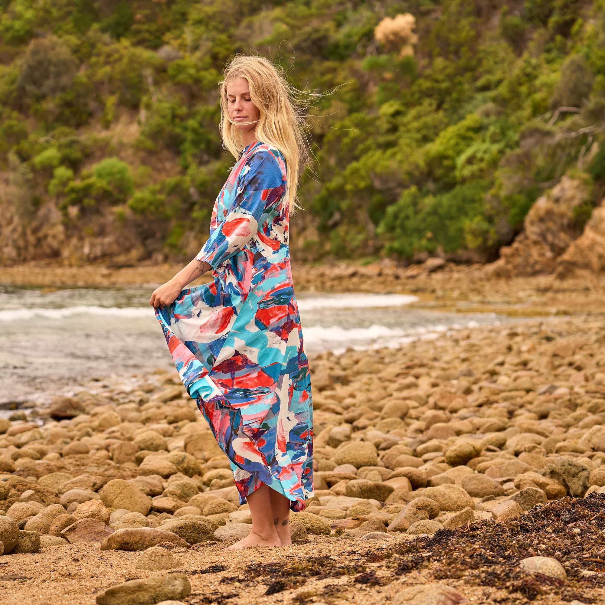 Coastal Canvas Maxi Dress - Abstract Art Cotton Summer Dress