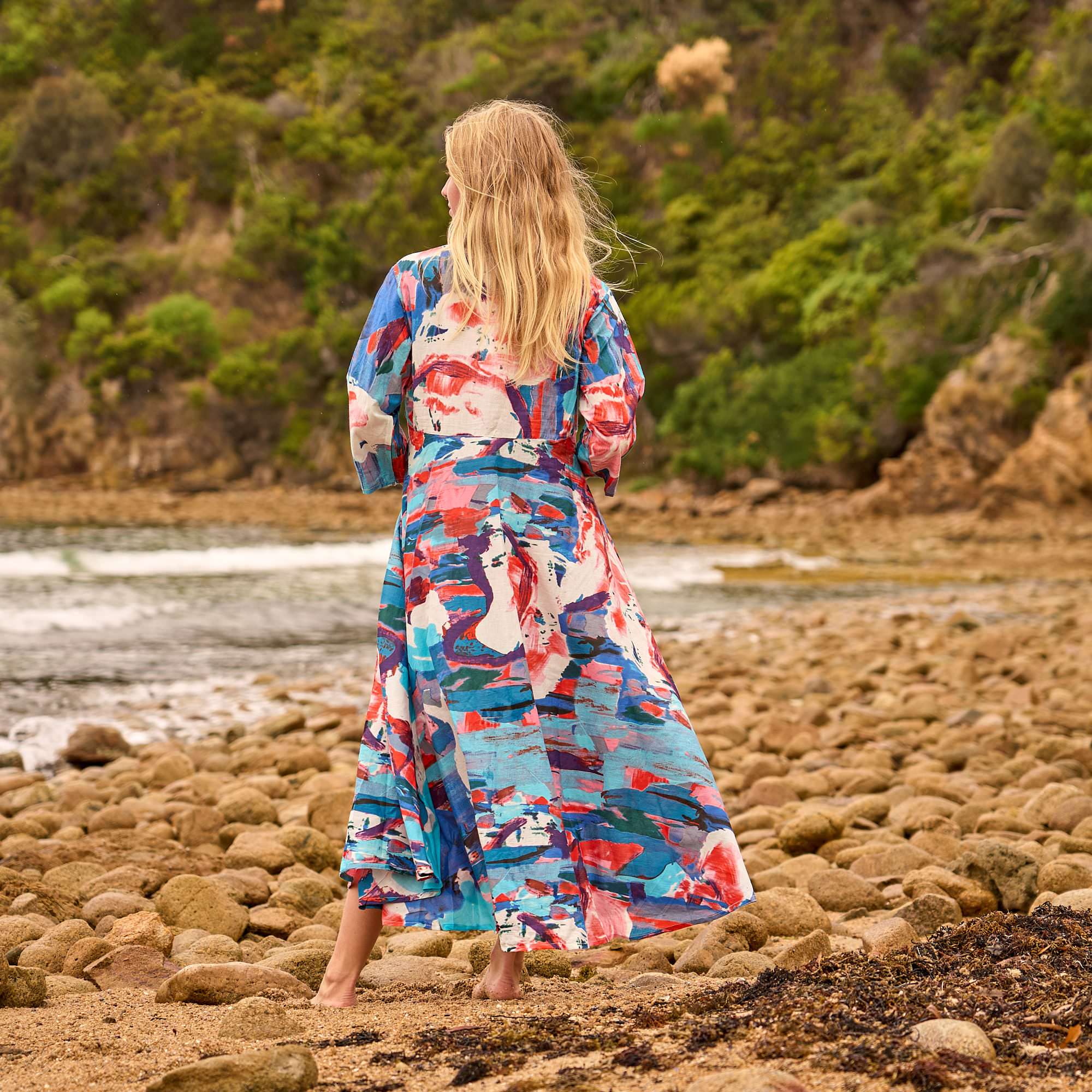 Coastal Canvas Maxi Dress - Abstract Art Cotton Summer Dress