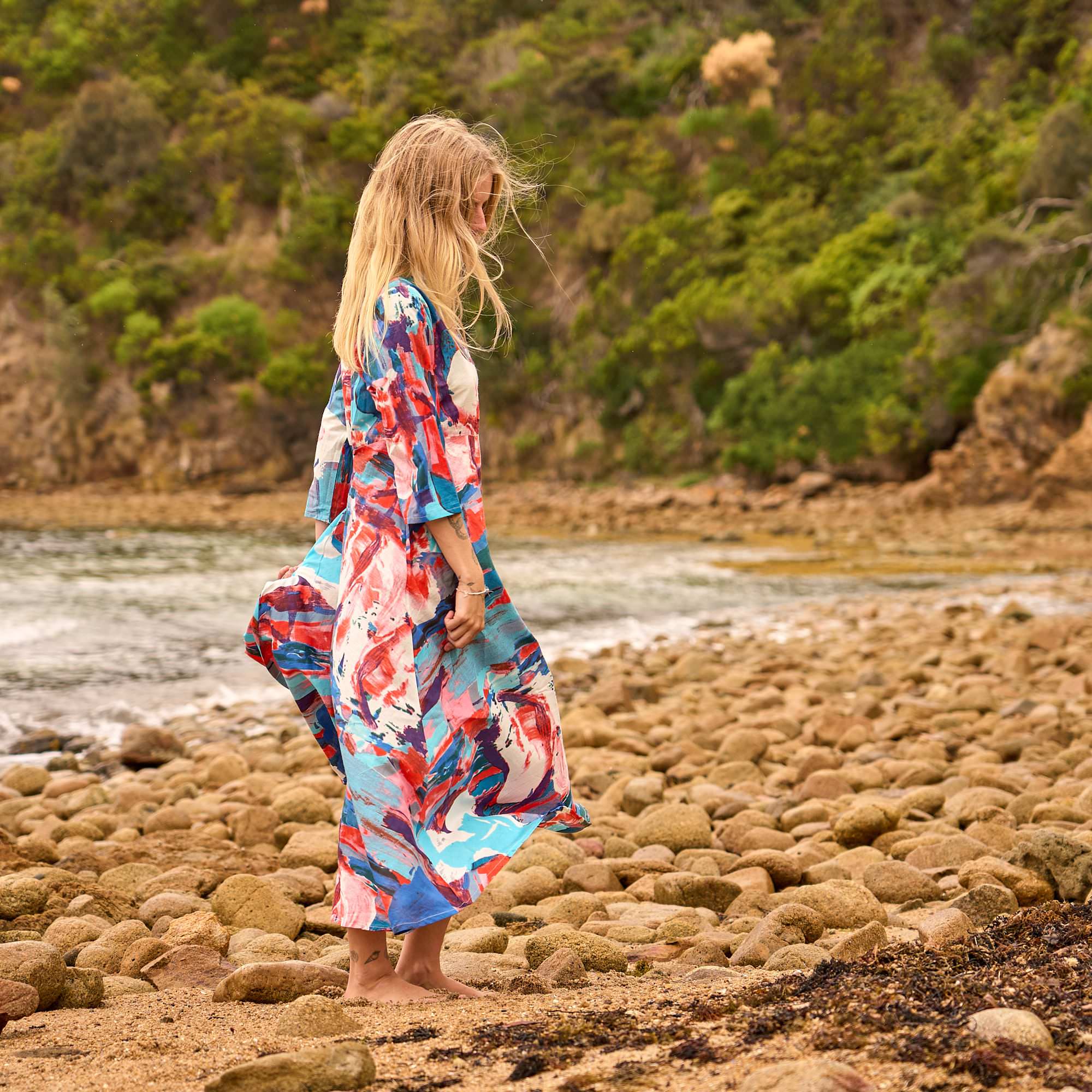 Coastal Canvas Maxi Dress - Abstract Art Cotton Summer Dress