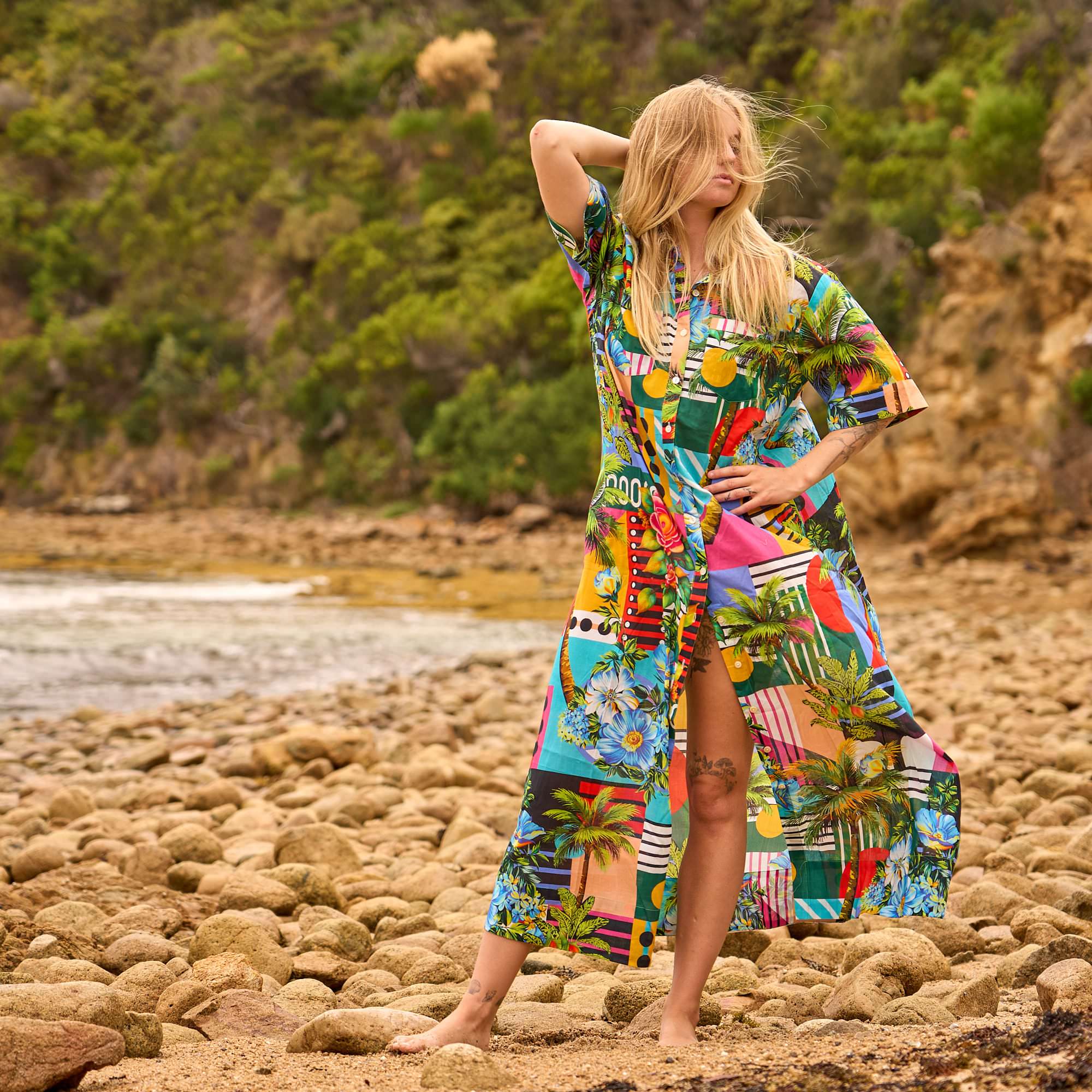 Tropical cotton maxi shirt dress for women with a lightweight design, perfect as a beach cover up and resort wear.