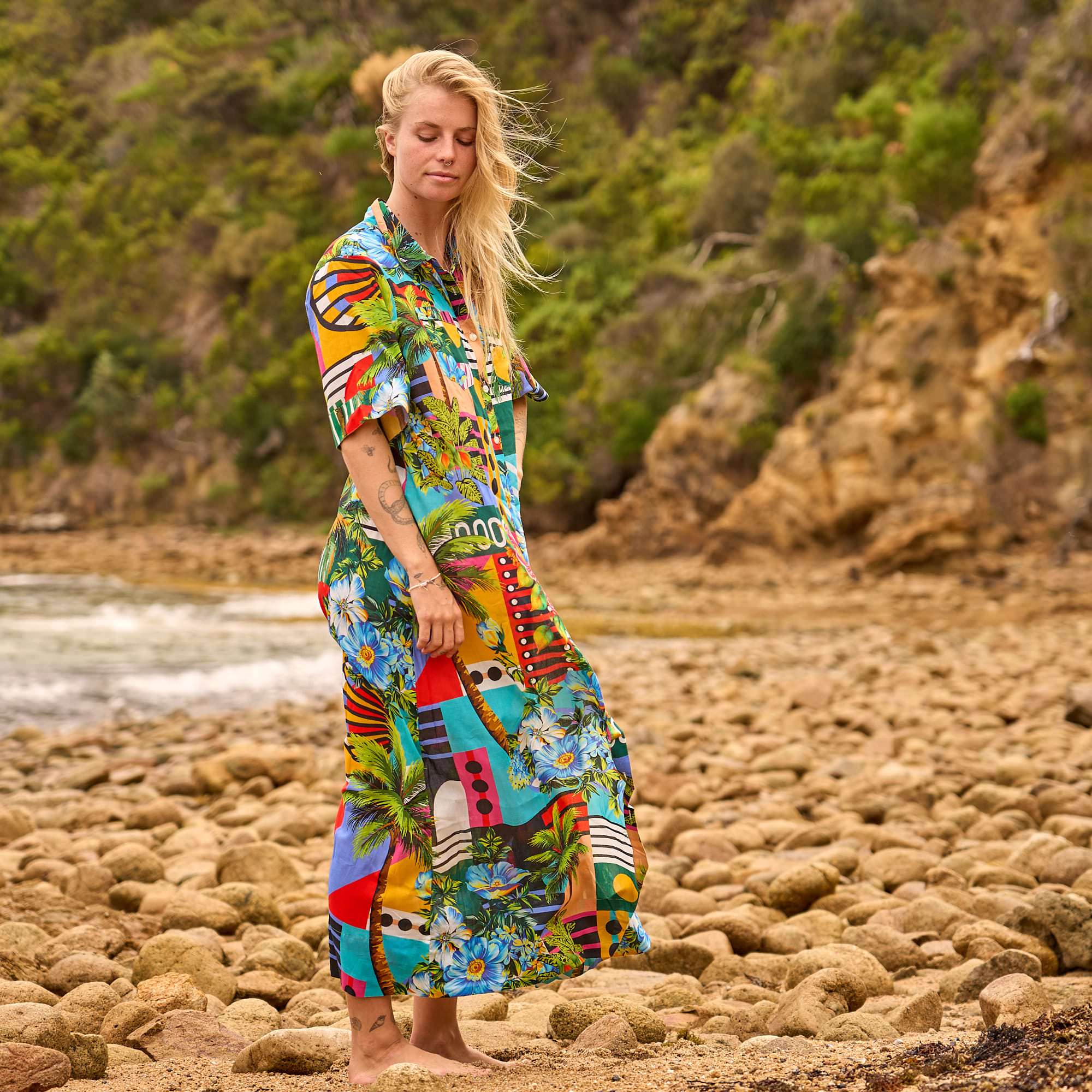 Relaxed-fit tropical cotton beach cover up dress for women, designed for summer travel and coastal vacations.