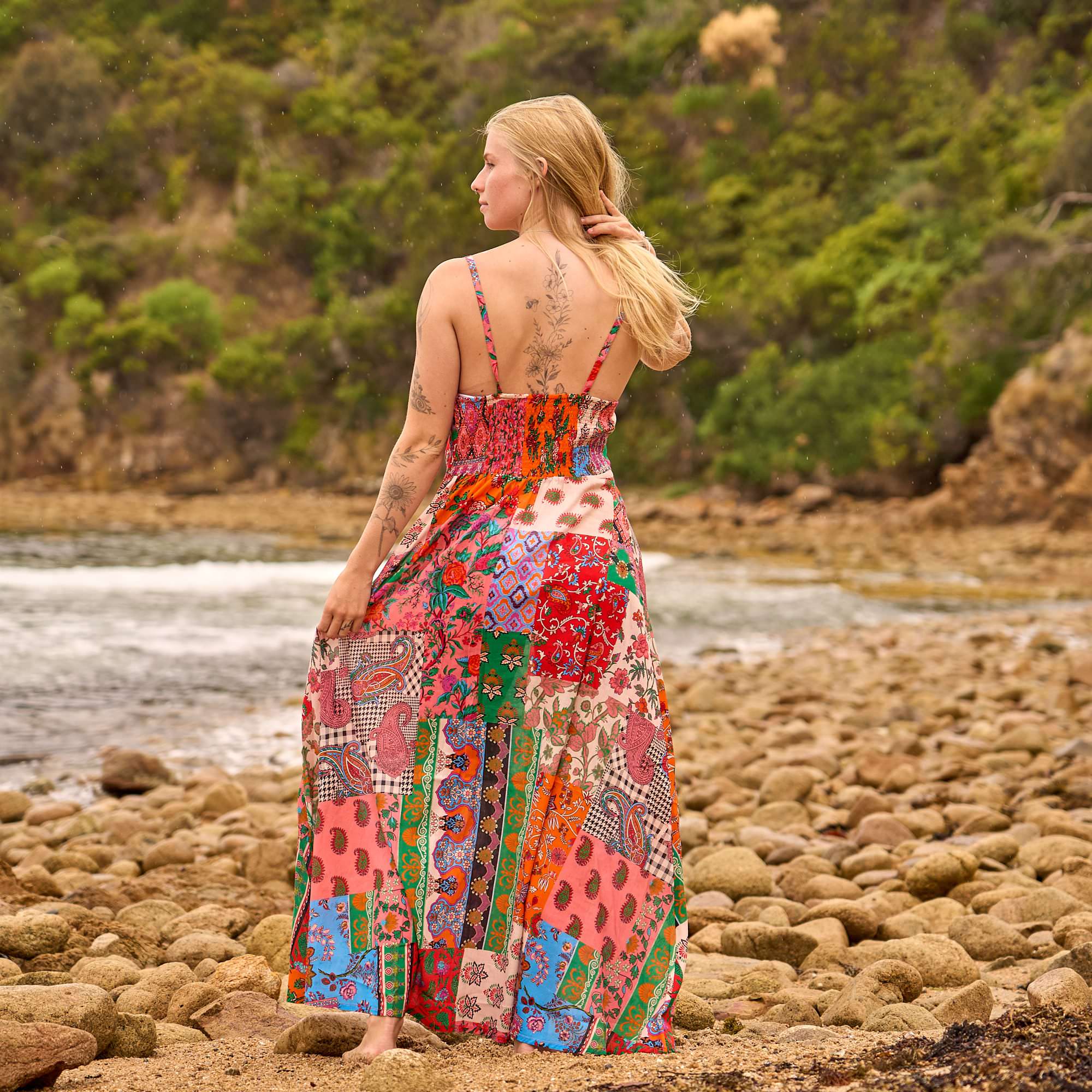 Strappy cotton maxi beach dress with colorful patchwork details for summer vacations and holidays.