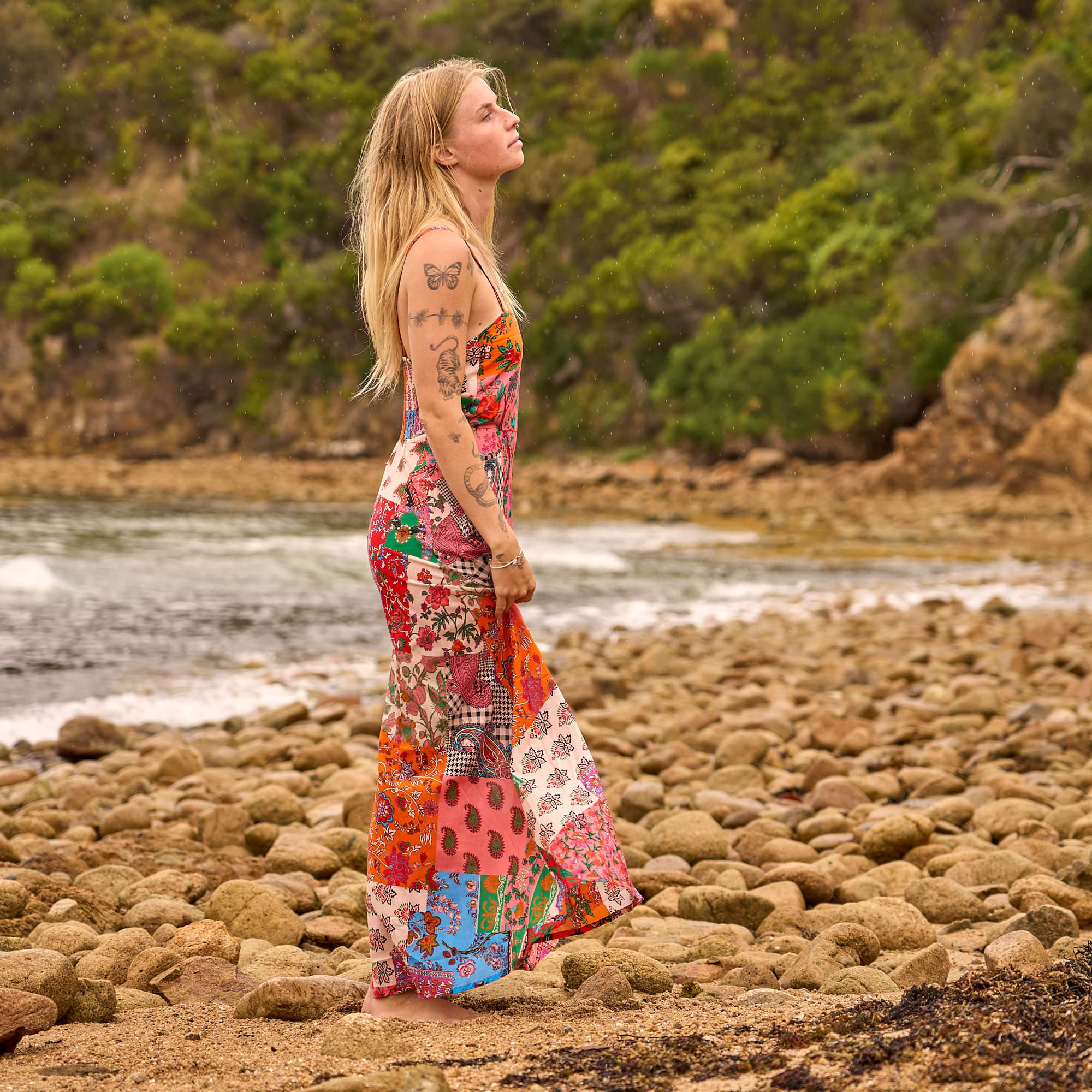 Vintage print boho cotton maxi dress with a relaxed fit, perfect for beach outings and casual wear.