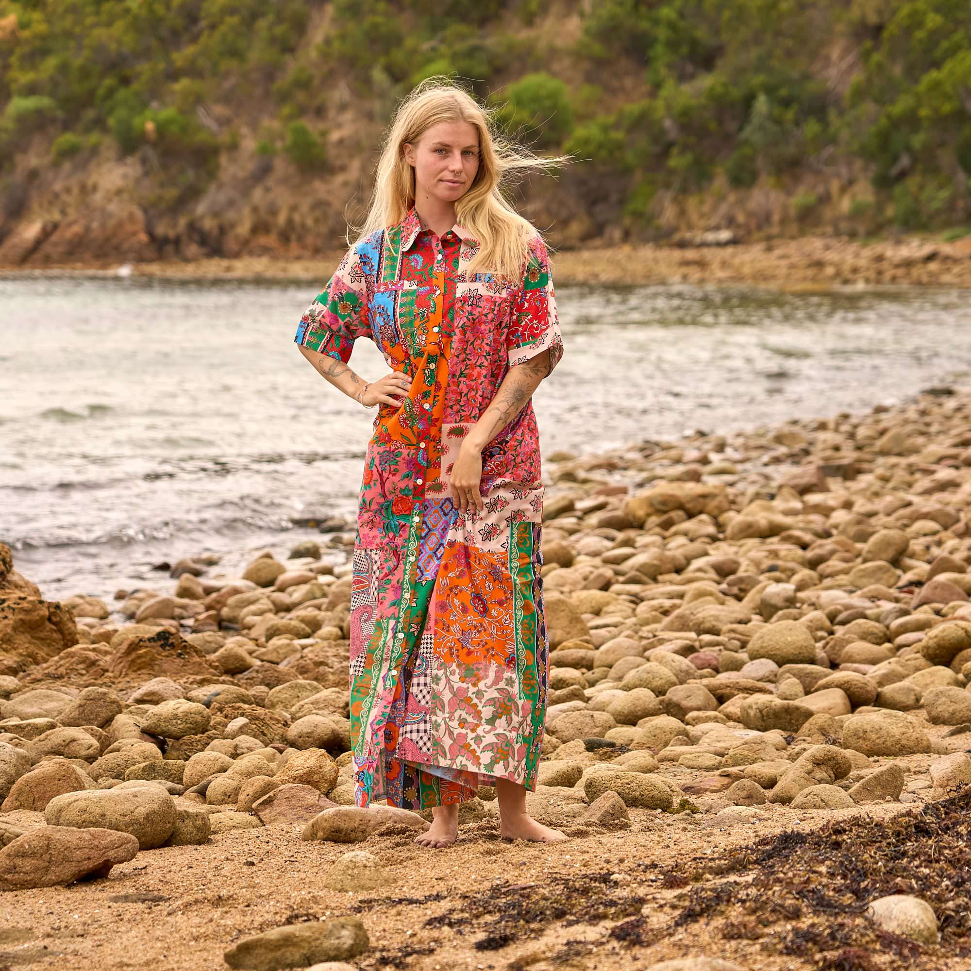 Artistic patchwork maxi shirt dress for women with a unique design and relaxed free size fit.