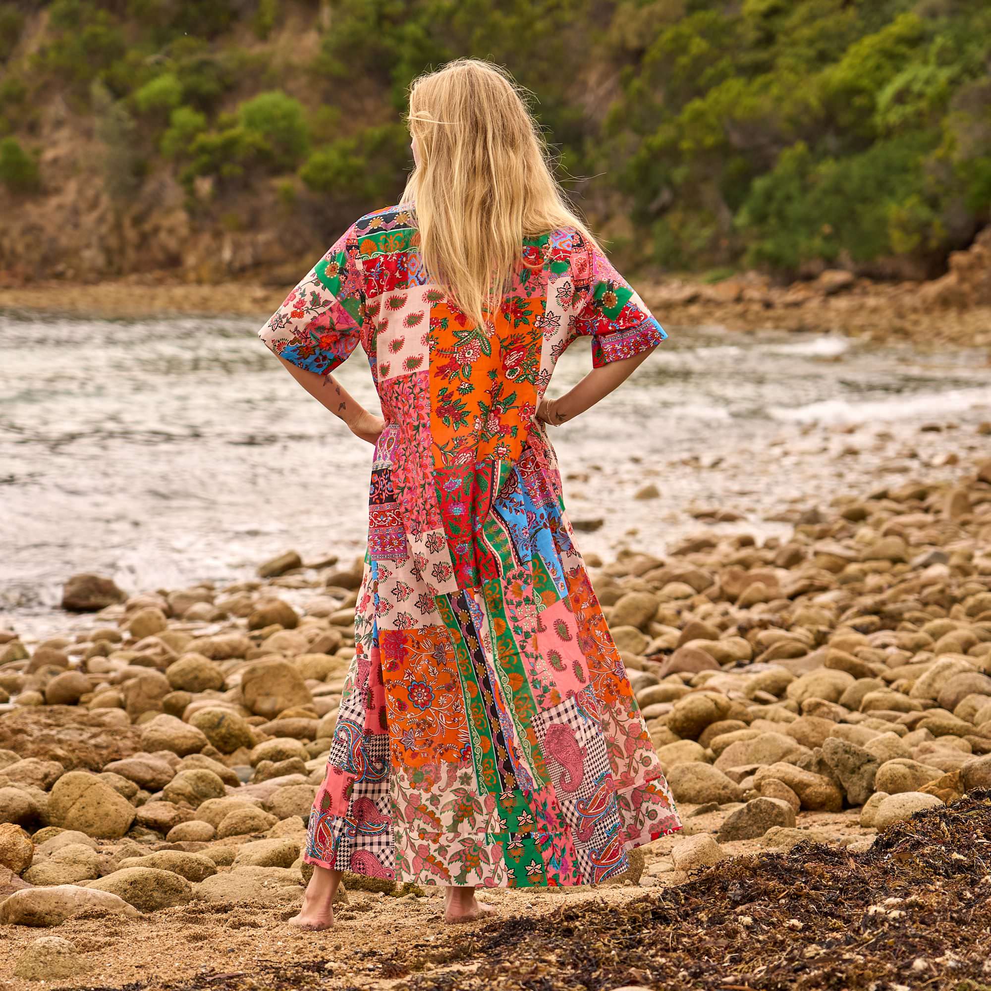 Free size patchwork maxi dress with a flowing silhouette, perfect for bohemian fashion and resort wear.