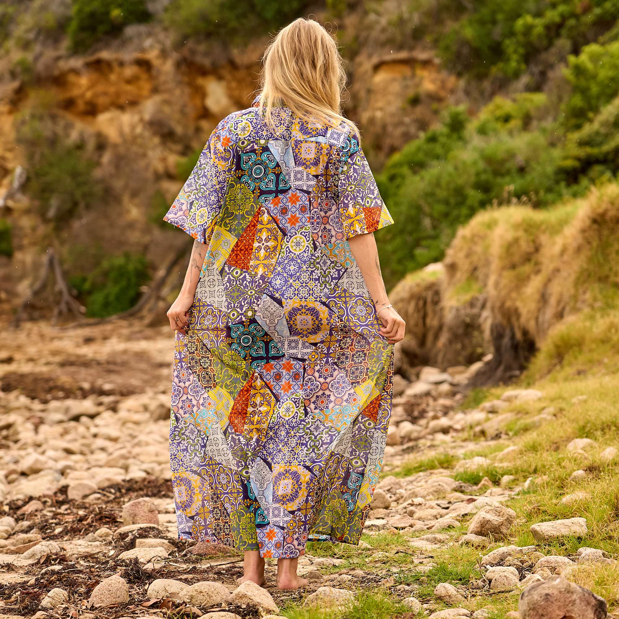 Free size patchwork tile print maxi dress designed for beach holidays, resort wear, and casual summer style.
