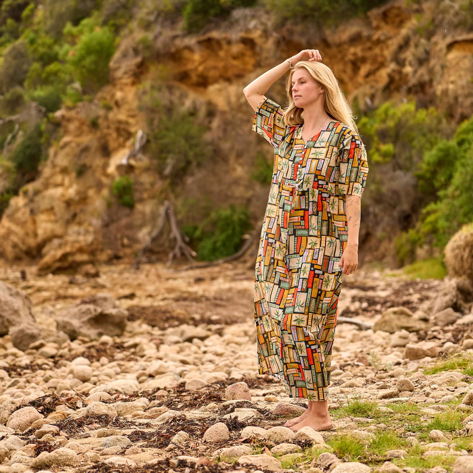 Free size boho maxi dress with vibrant prints, ideal for resort wear, casual outings, and summer fashion.