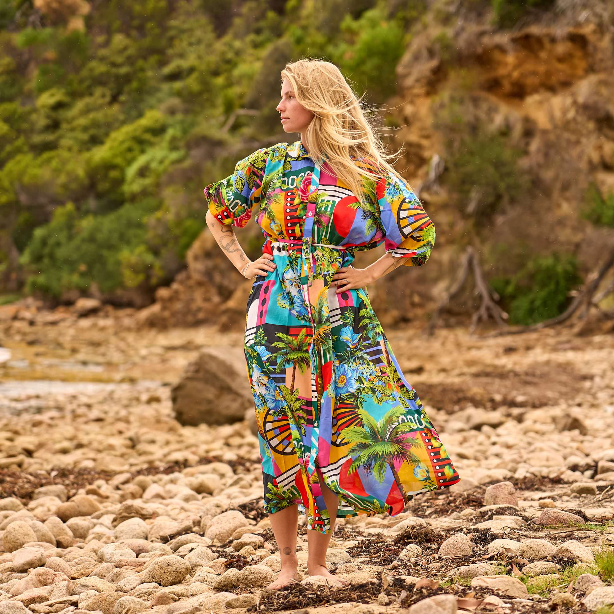 Tropical resort shirt maxi dress for women with a bold print and free size relaxed fit for summer vacations.