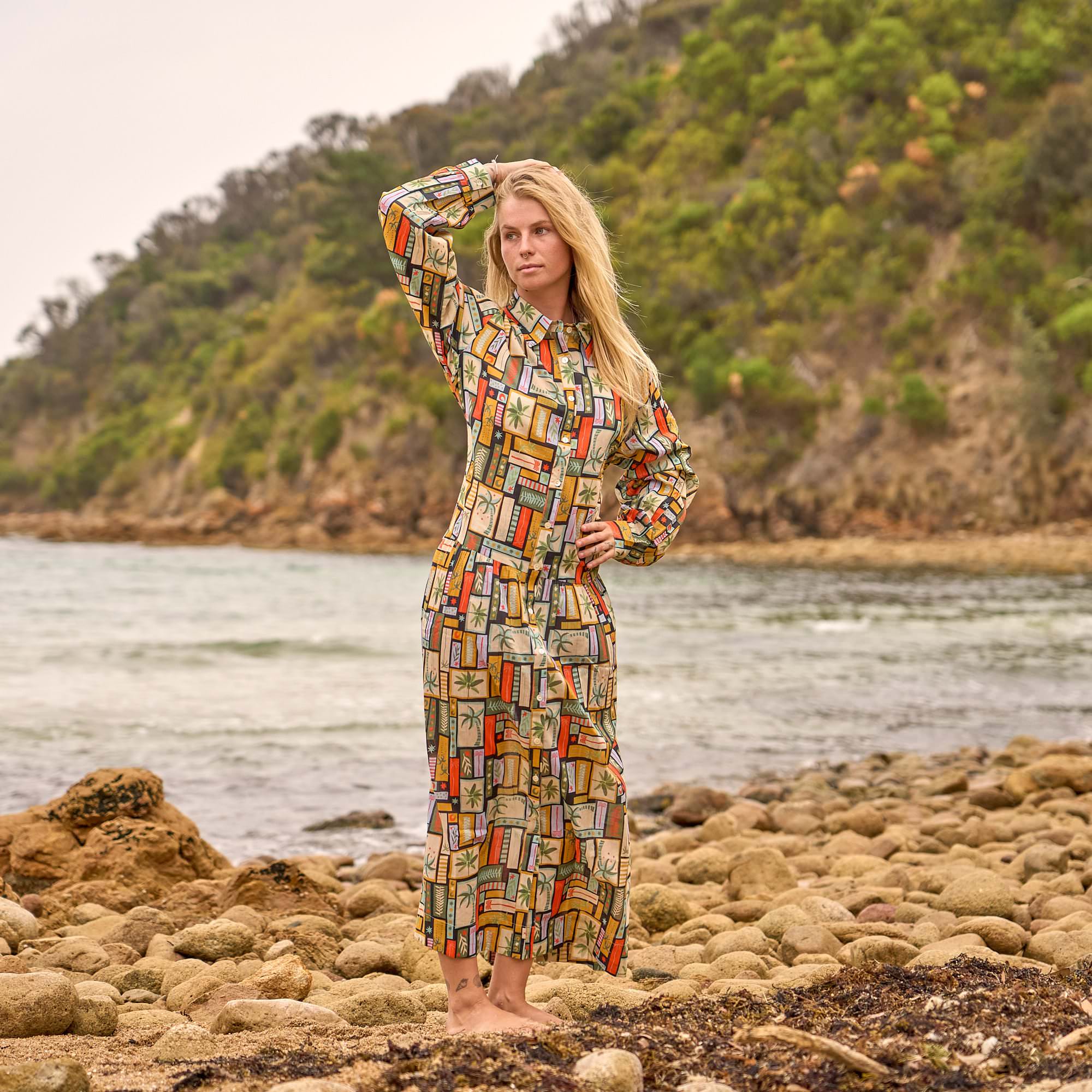 Relaxed fit boho shirt maxi dress with geometric patterns for effortless everyday fashion.