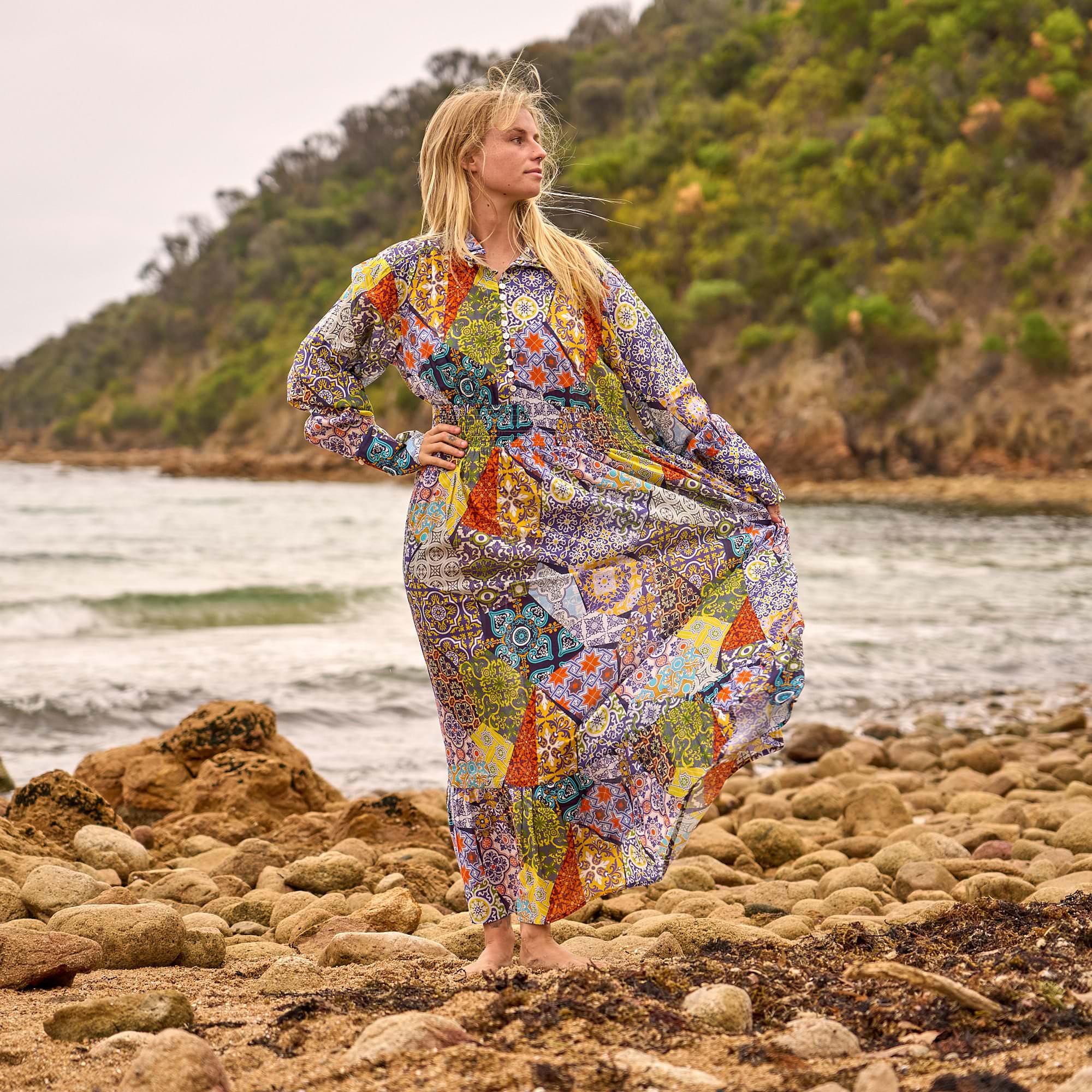 Premium handmade cotton patchwork maxi dress with a vintage boho design for beach vacations and summer wear.