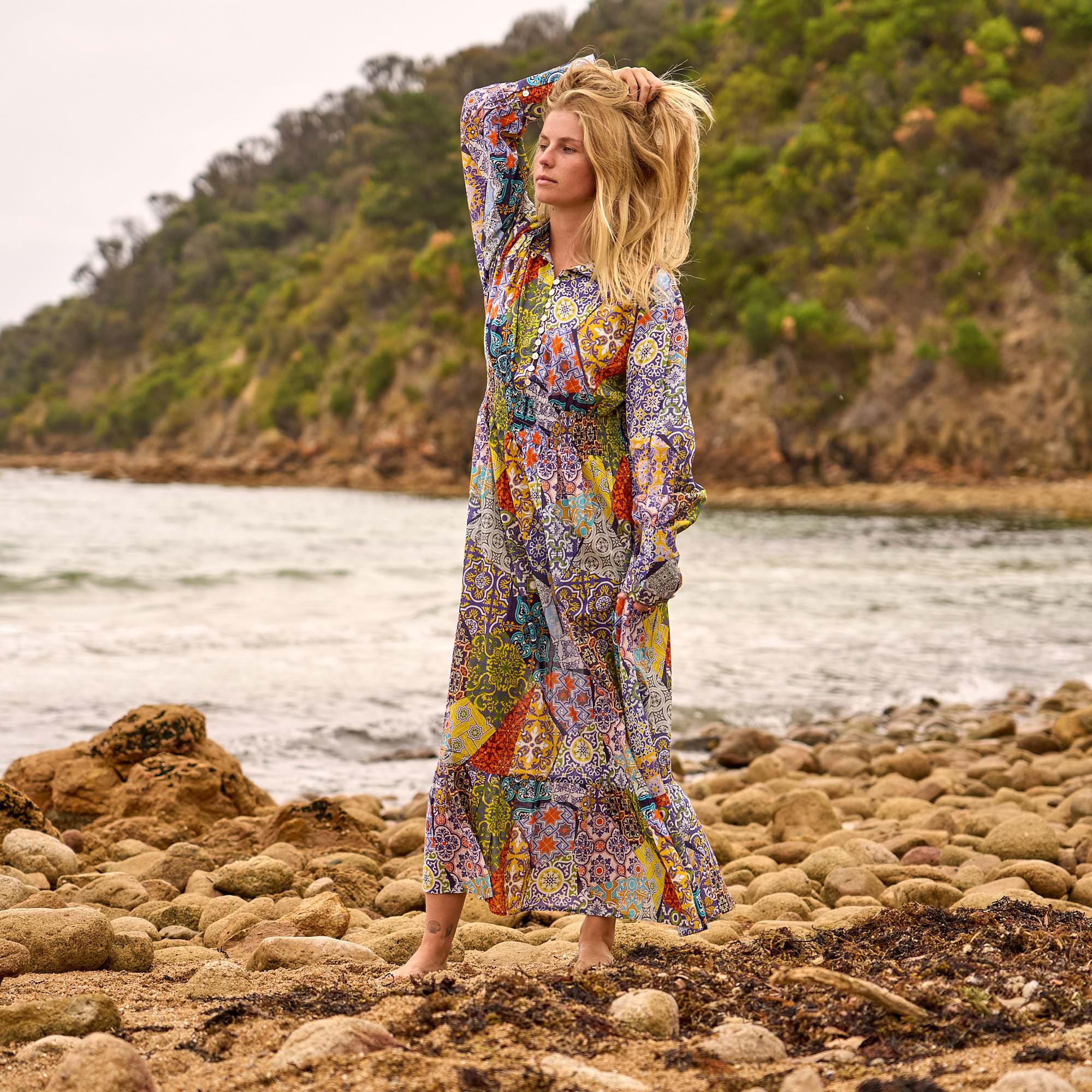 Women's handmade cotton patchwork maxi dress featuring breathable fabric and a relaxed vintage-inspired silhouette.