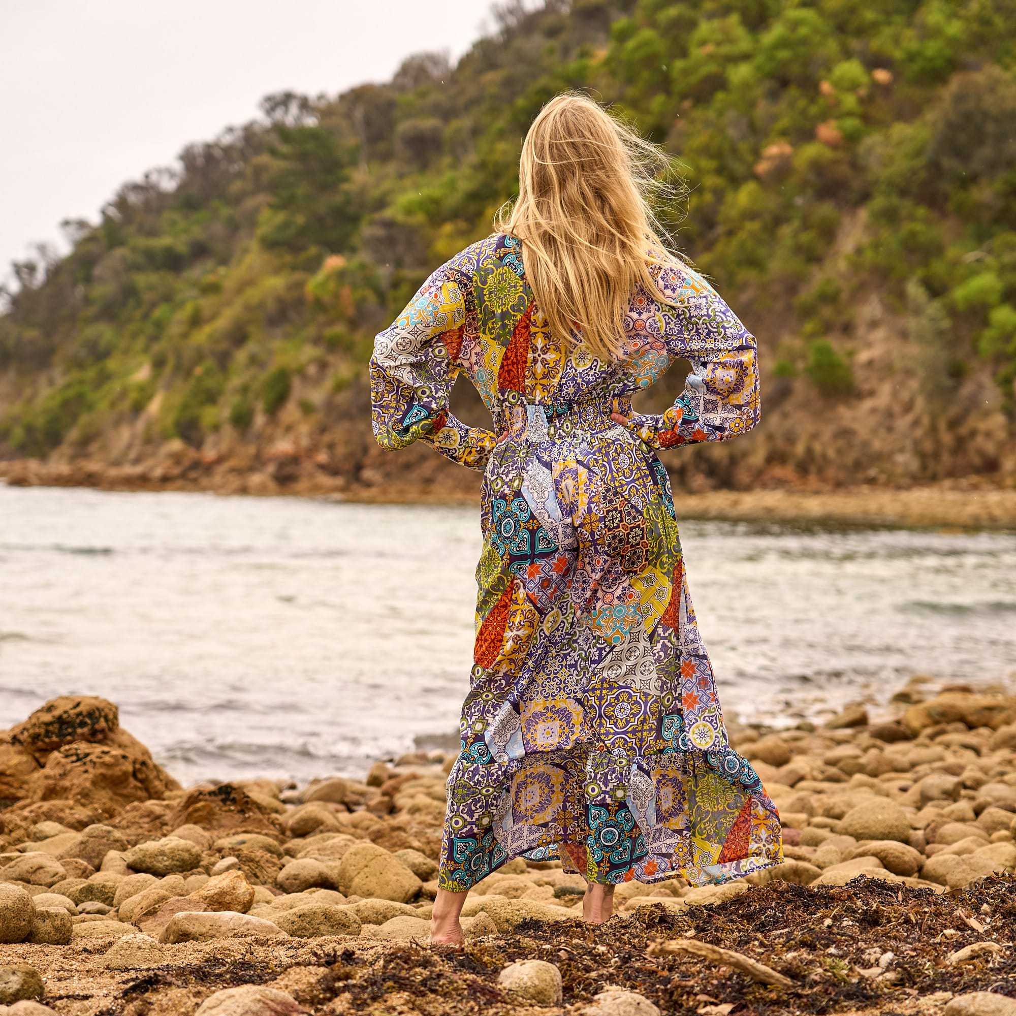 Vintage-inspired handmade cotton maxi dress with colorful patchwork design for casual summer and holiday outfits.