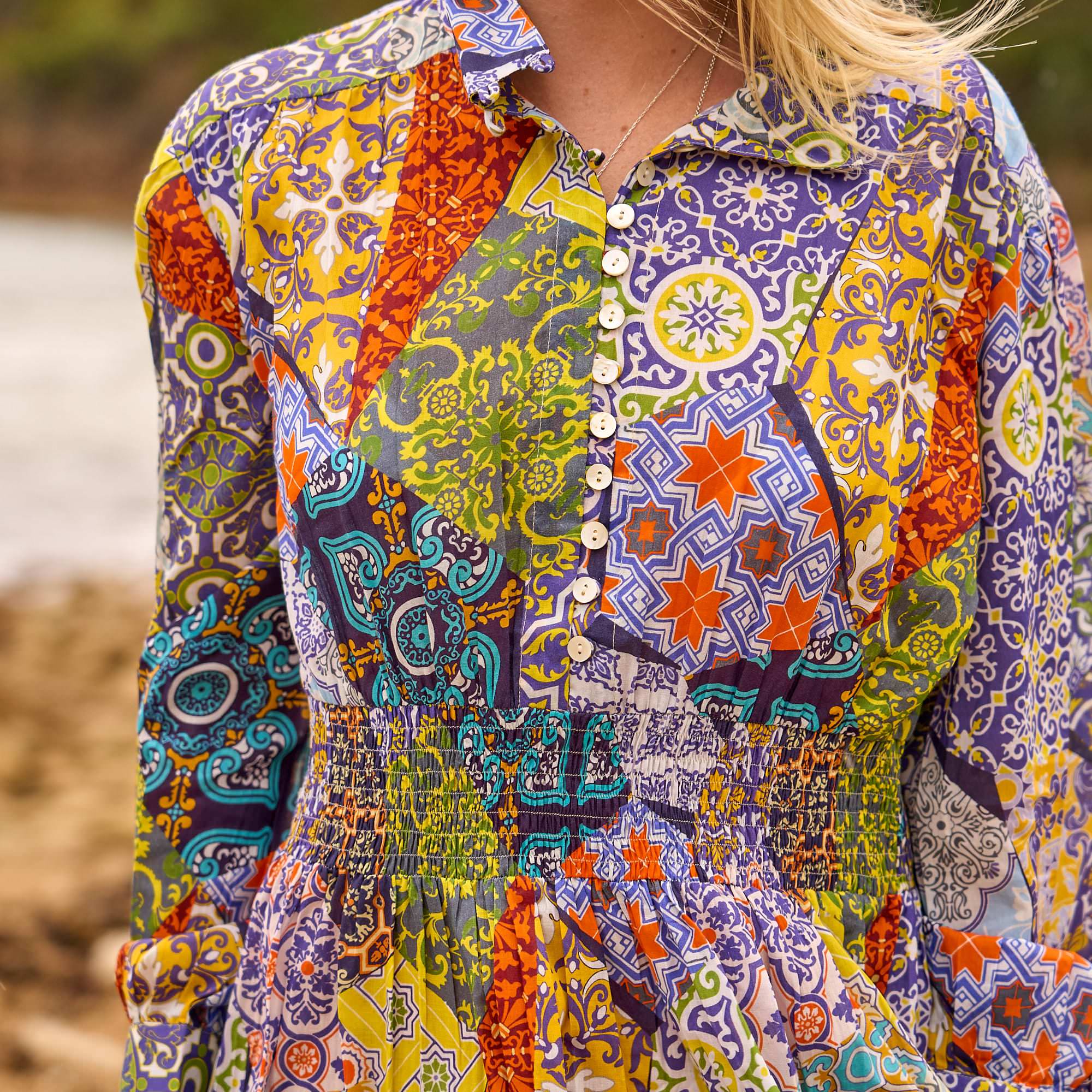 Lightweight handmade cotton patchwork maxi dress for women, ideal for beach holidays, festivals, and everyday boho fashion.