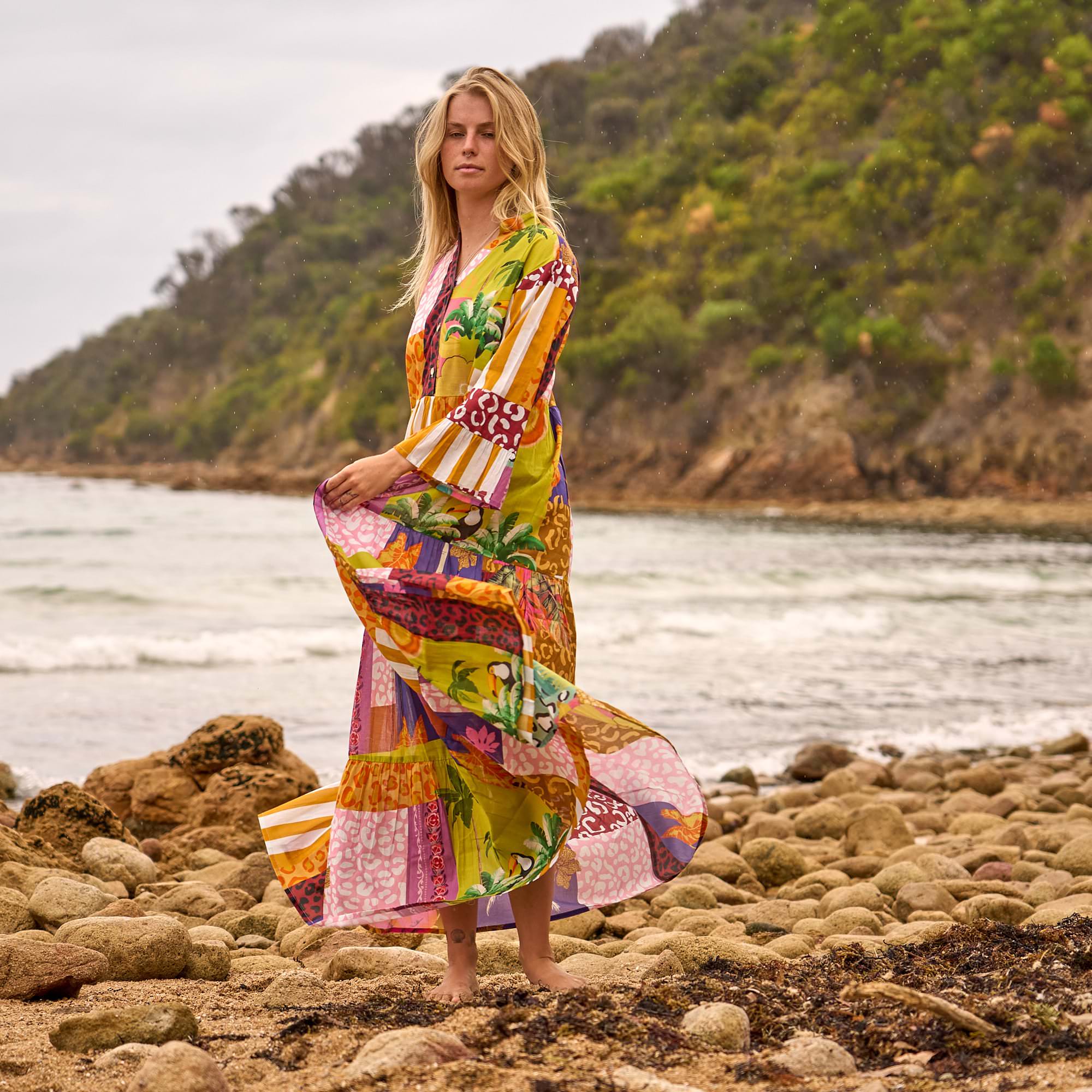 Women's colour block maxi dress featuring a flowy silhouette, comfortable fit, and modern chic look.
