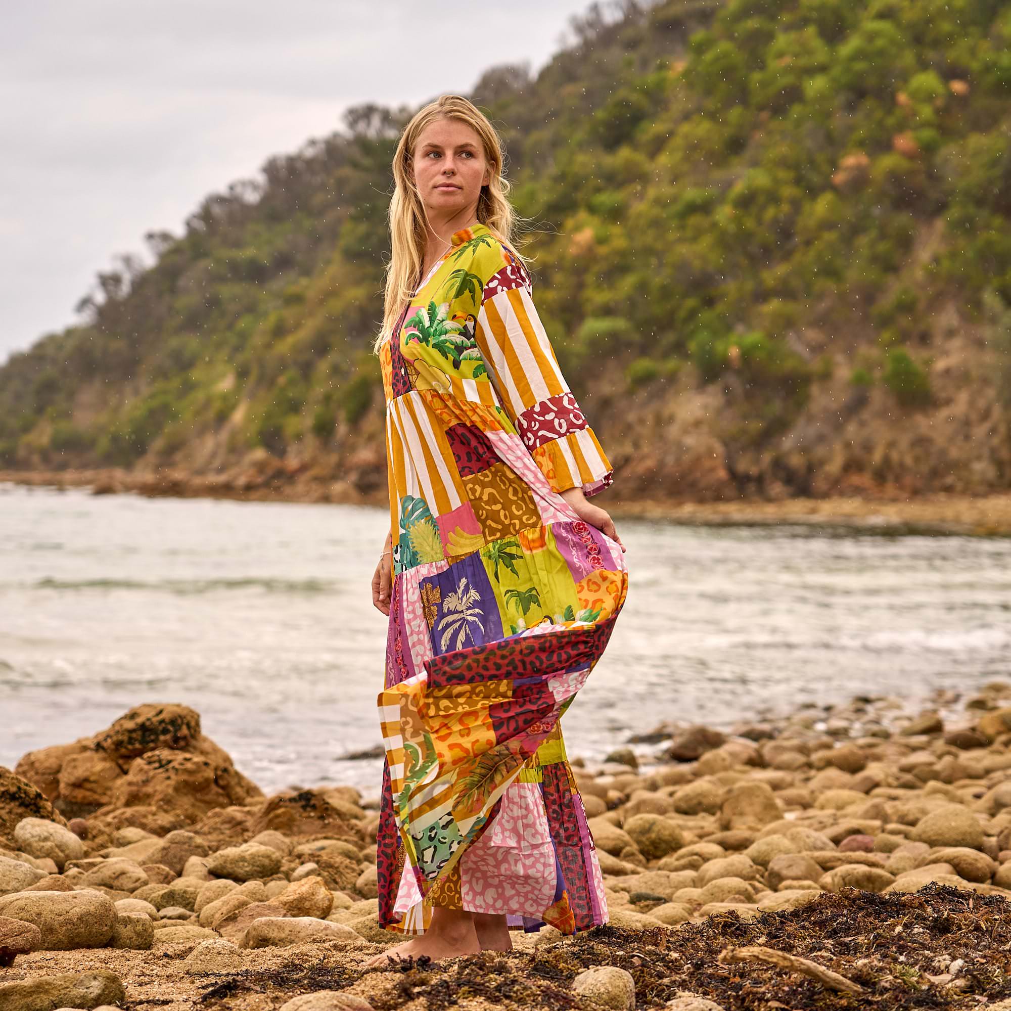 Relaxed fit colour block maxi dress with vibrant panels, perfect for casual wear and summer outings.