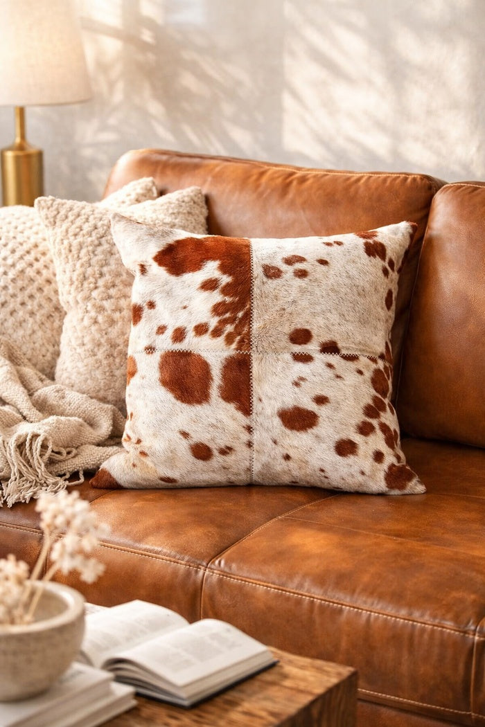 Brown and white cowhide leather cushion cover 40x40cm on sofa