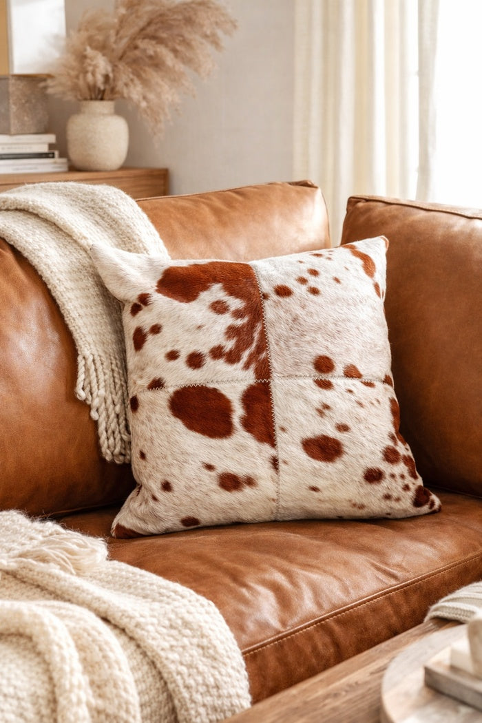 Natural leather cowhide cushion cover brown and white pattern