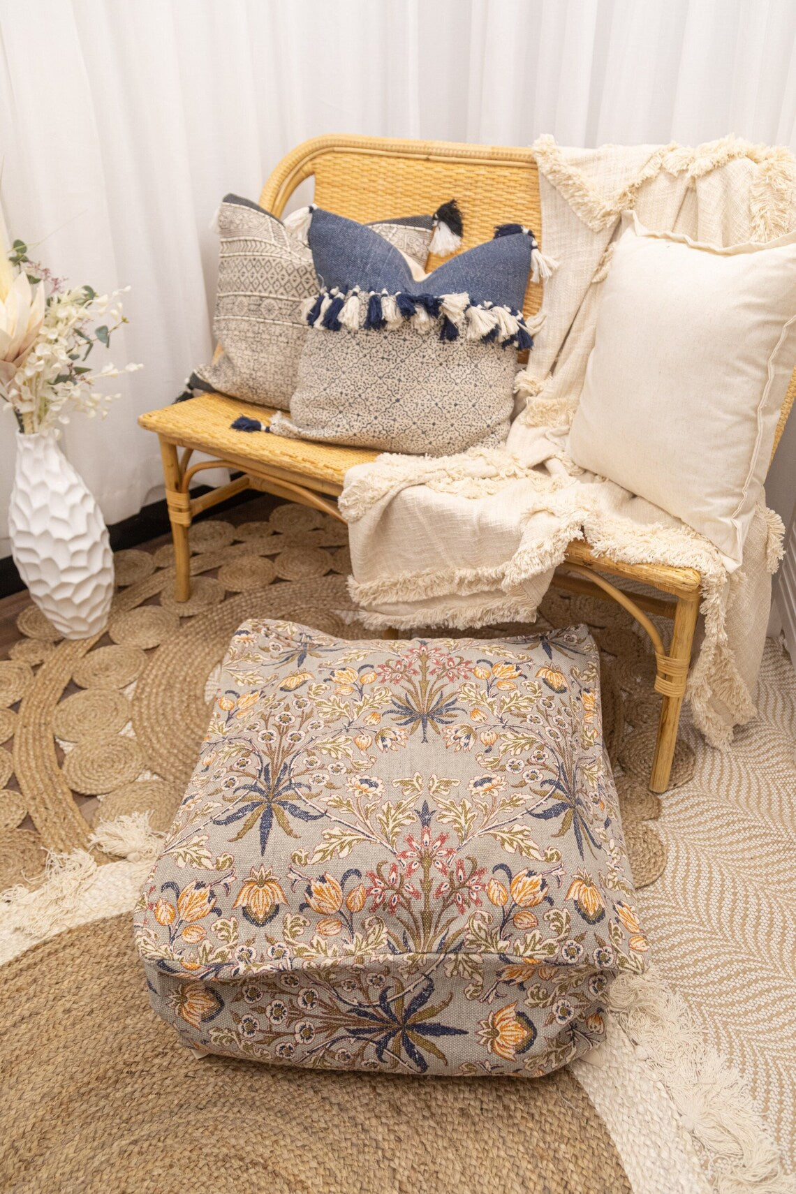 Tree Mix Moroccan ottoman and pouf cover with boho-inspired design