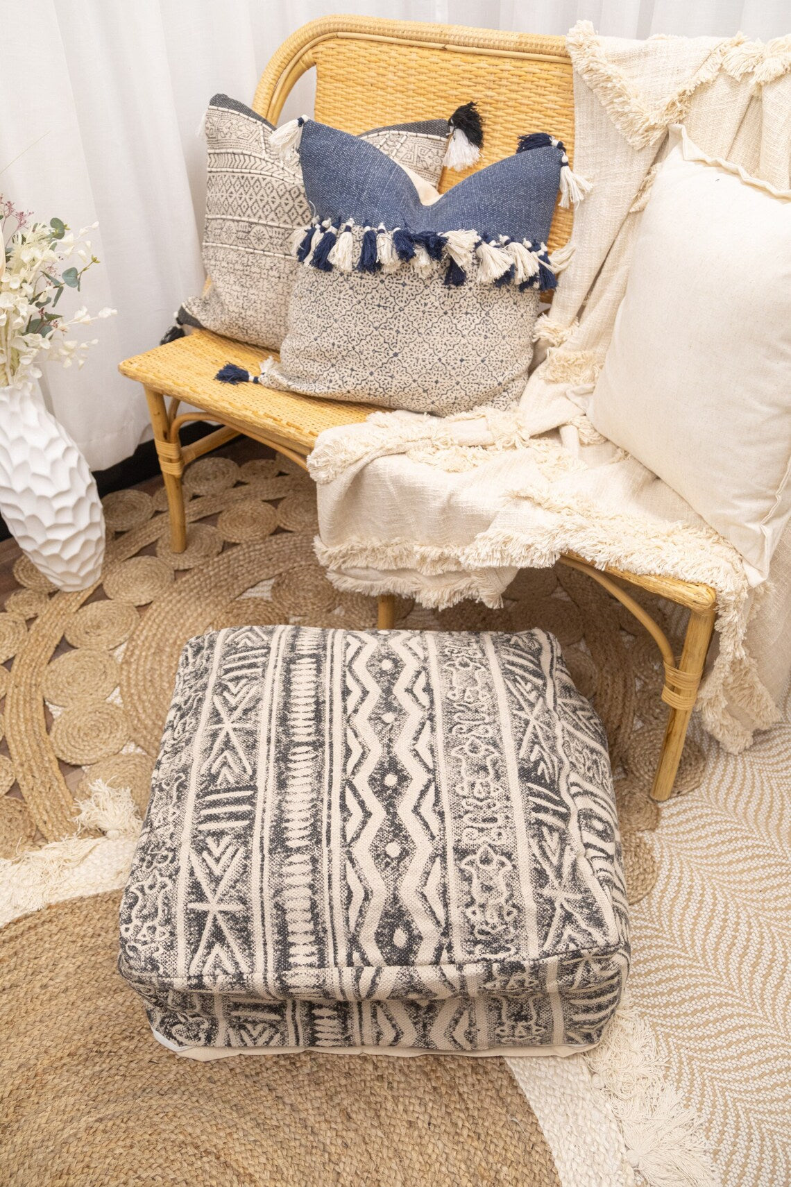 Boho monochrome Kilim ottoman cushion cover in black and natural colours