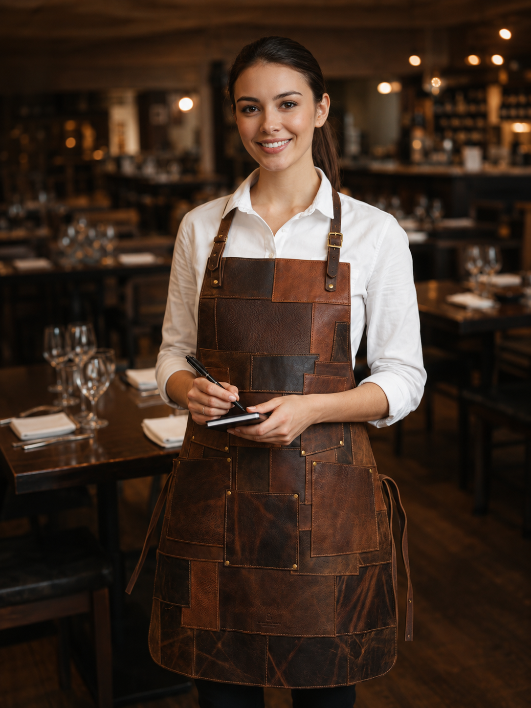 Handmade full-grain leather patchwork apron for chefs, baristas, and BBQ grilling use