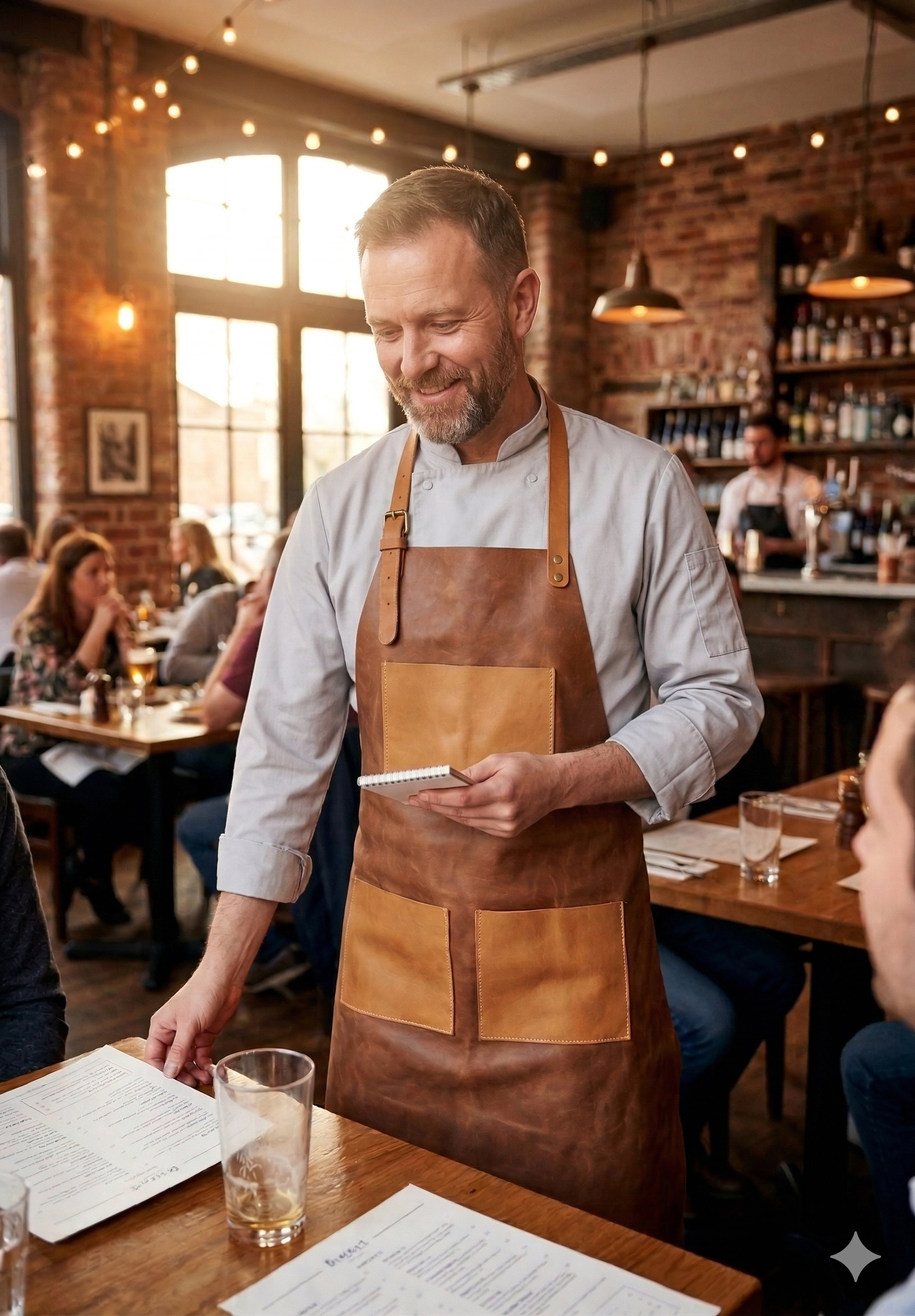 Tan leather work apron with pockets lightweight and durable design