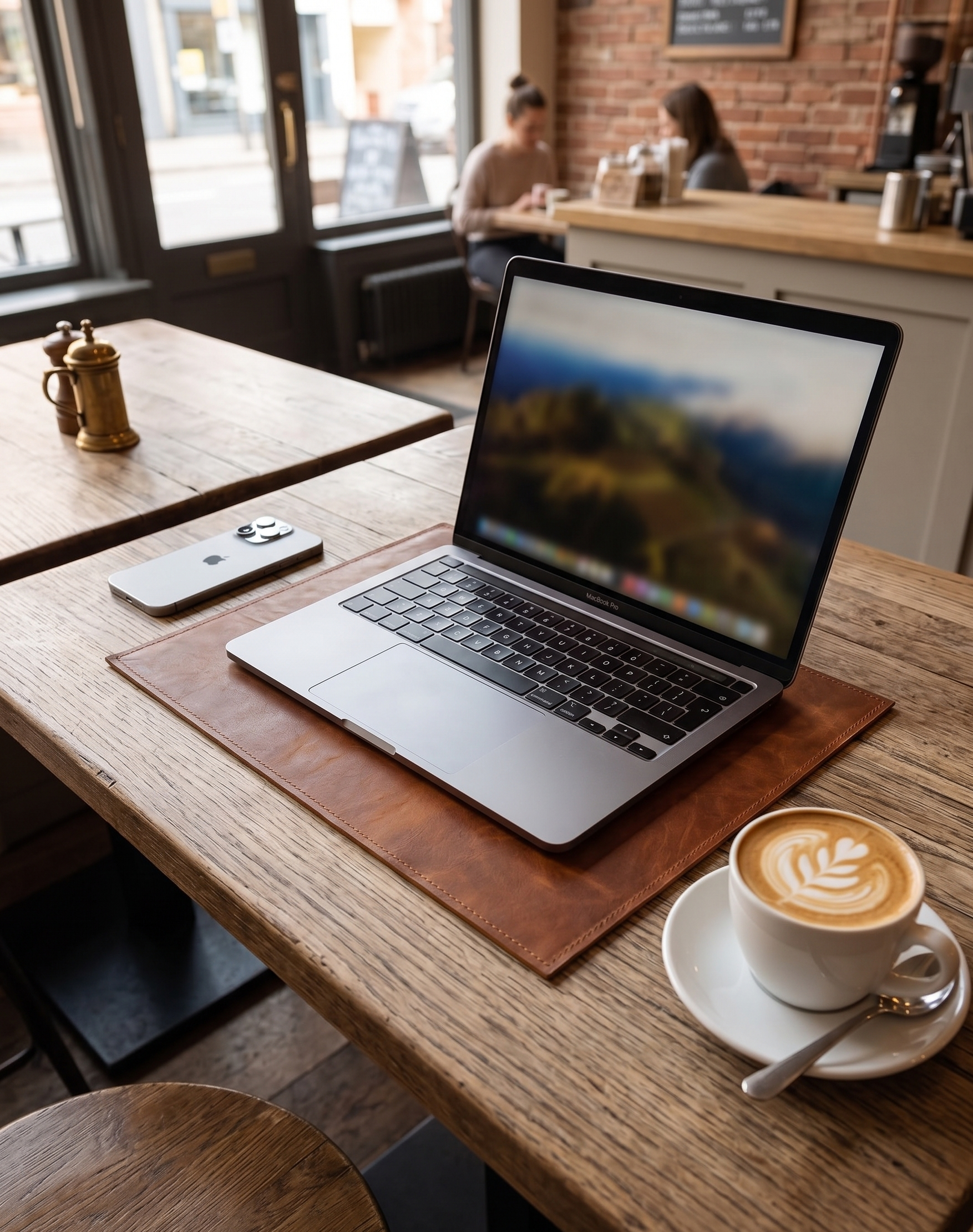 Boho brown leather desk mat with rustic aesthetic for eclectic workspace and table styling