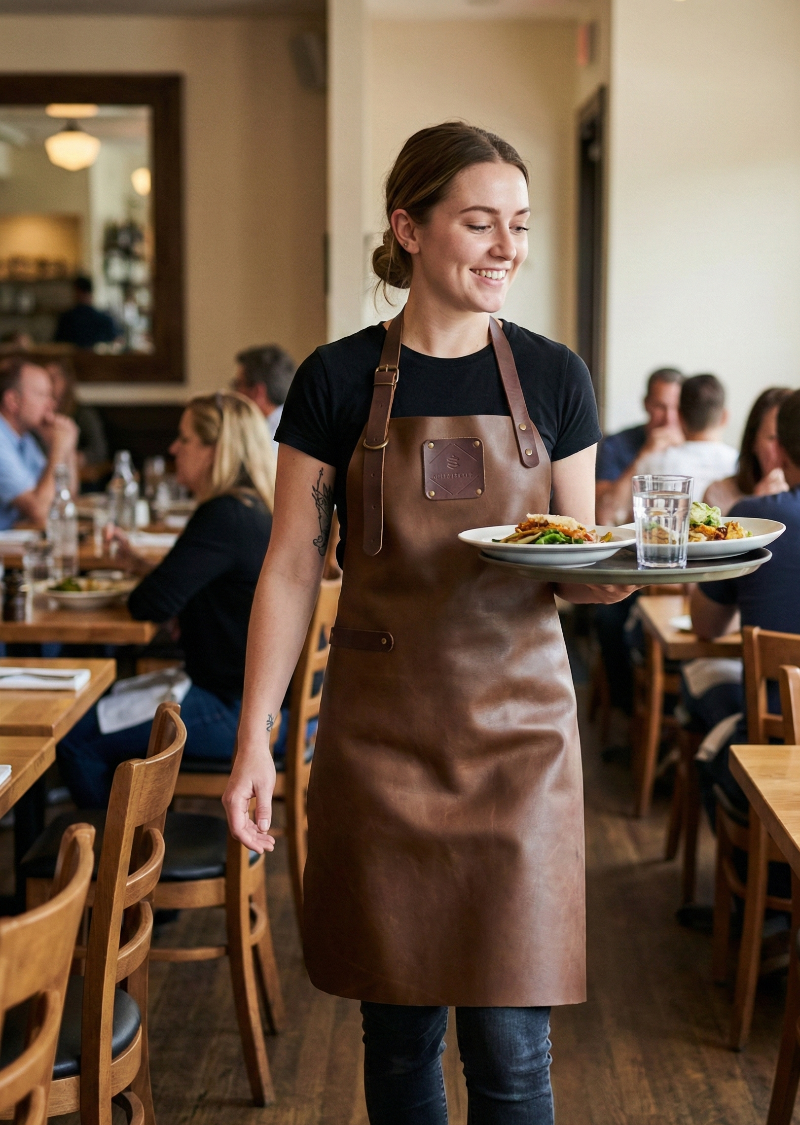 Premium full-length brown leather apron with adjustable straps for artisans